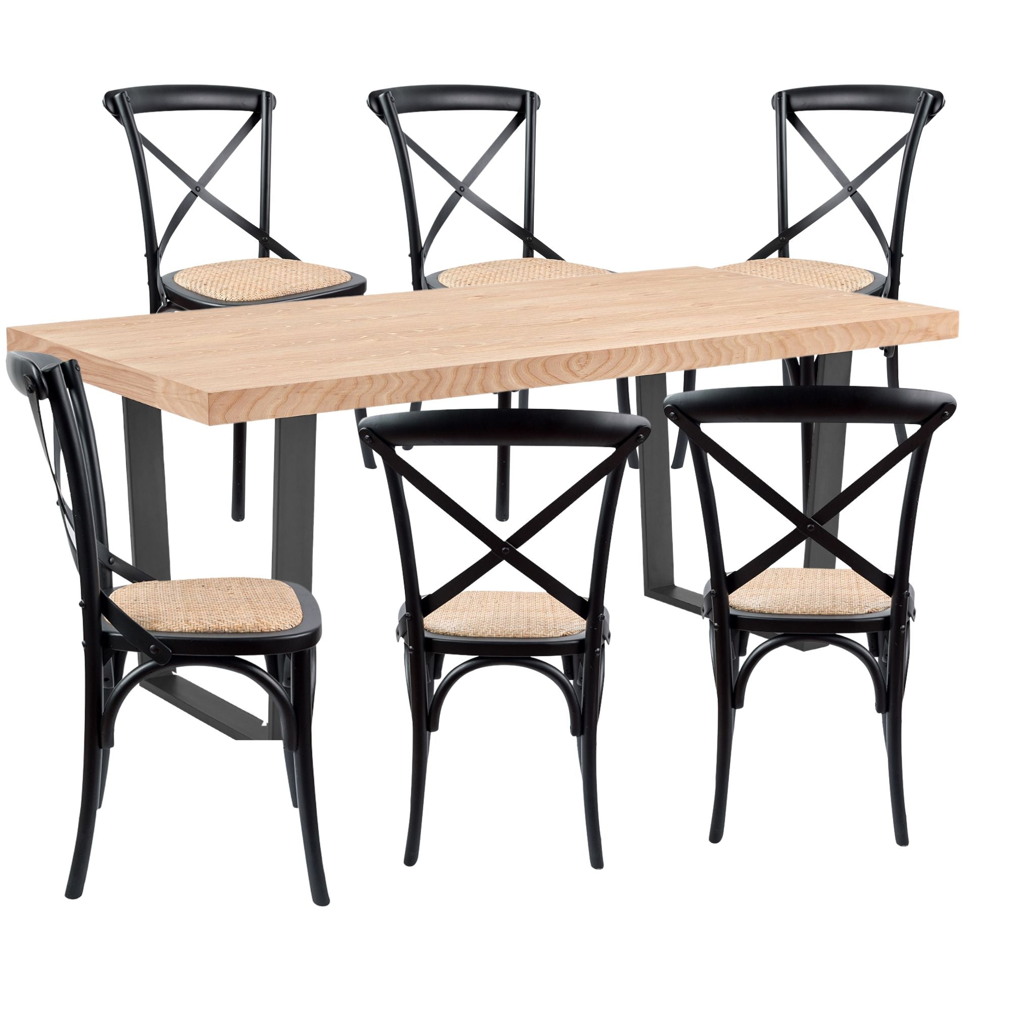 Petunia 7pc 180cm Dining Table Set 6 Cross Back Chair Elm Timber Wood Metal Leg
