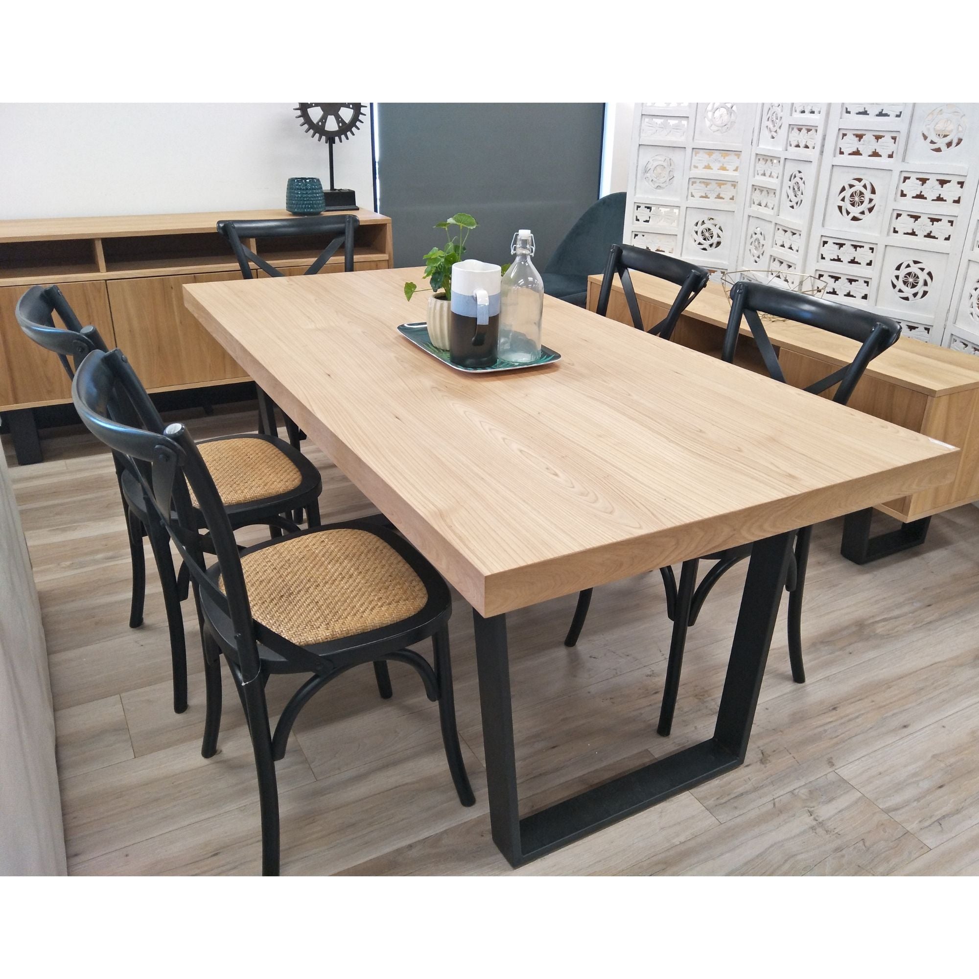 Petunia 7pc 180cm Dining Table Set 6 Cross Back Chair Elm Timber Wood Metal Leg