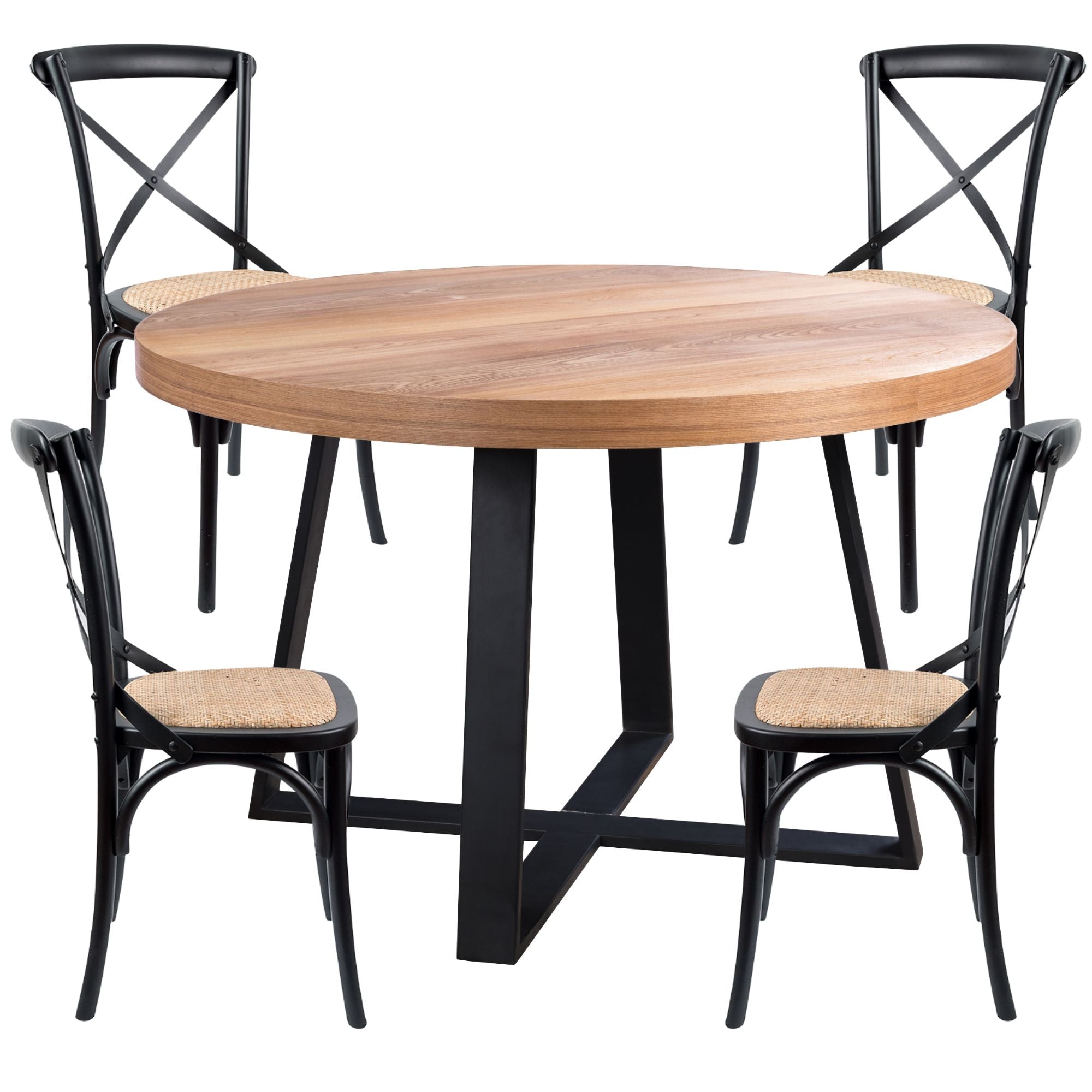Petunia 5pc 120cm Round Dining Table Set 4 Cross Back Chair Elm Timber Wood