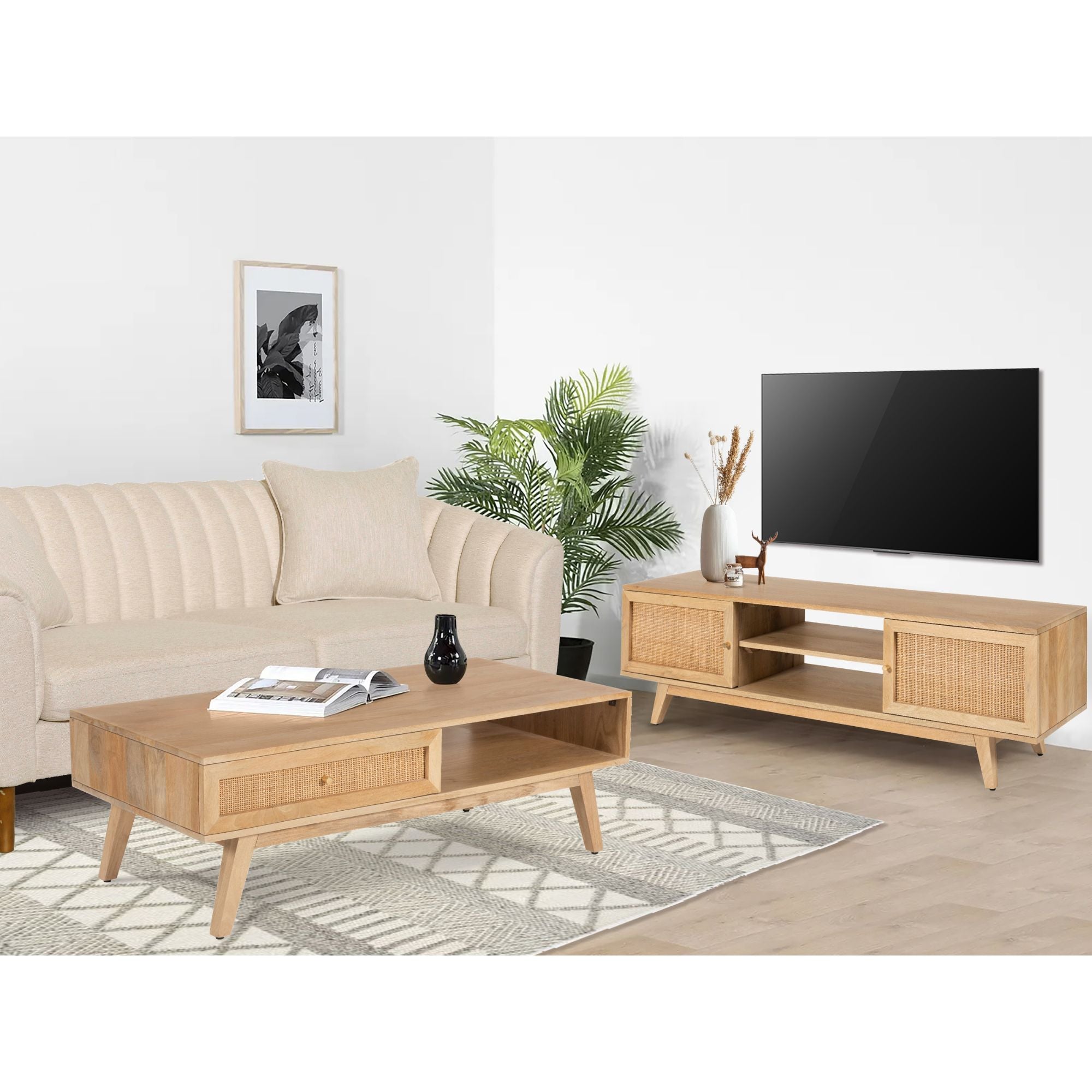 Olearia ETU Entertainment TV Unit 175cm Solid Mango Wood Rattan 2 Door Natural
