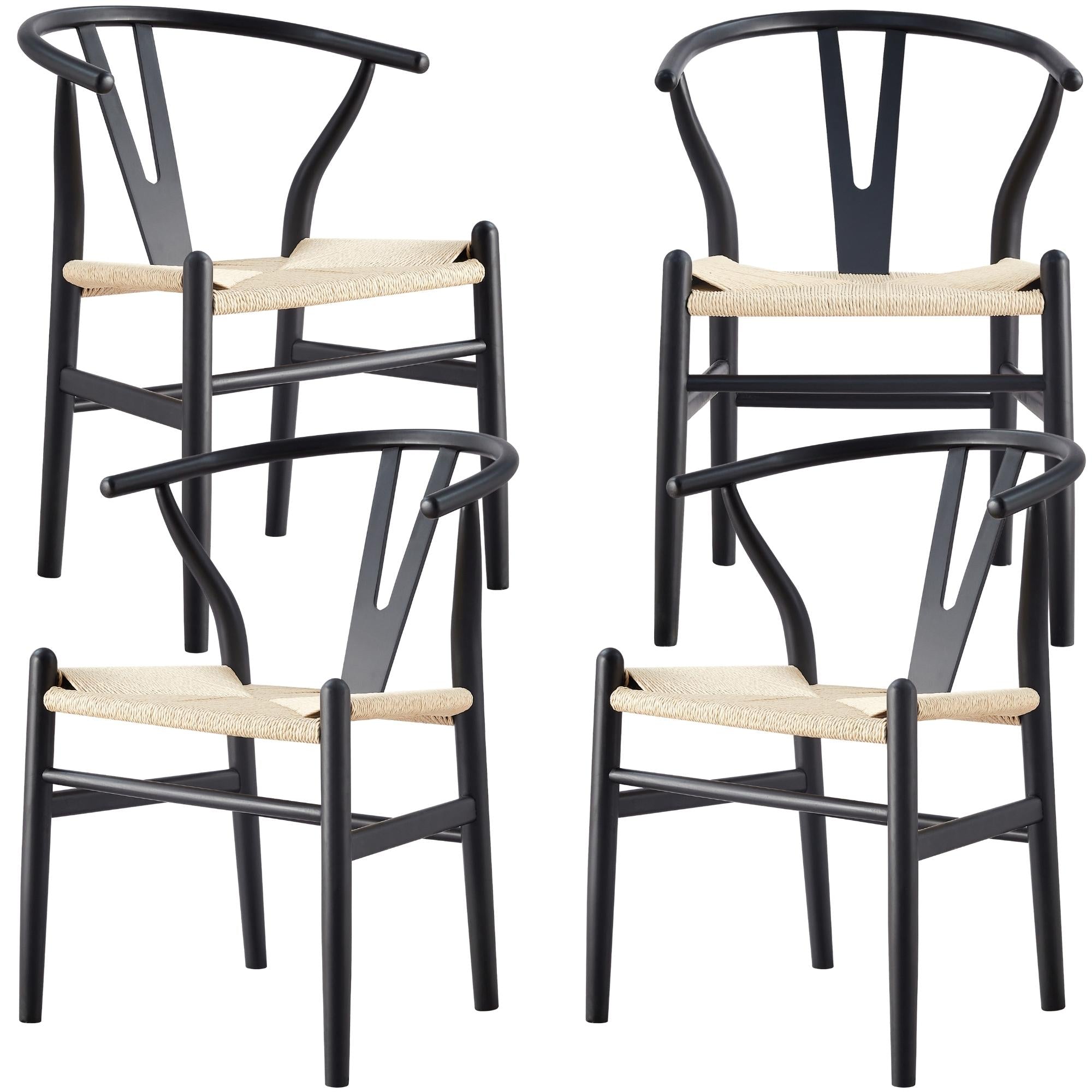 Anemone Set of 4 Wishbone Dining Chair Beech Timber Replica Hans Wenger - Black