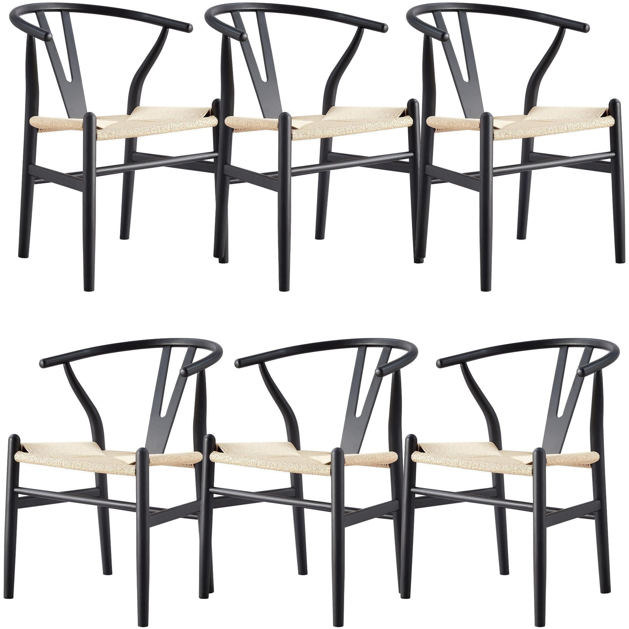Anemone Set of 6 Wishbone Dining Chair Beech Timber Replica Hans Wenger - Black