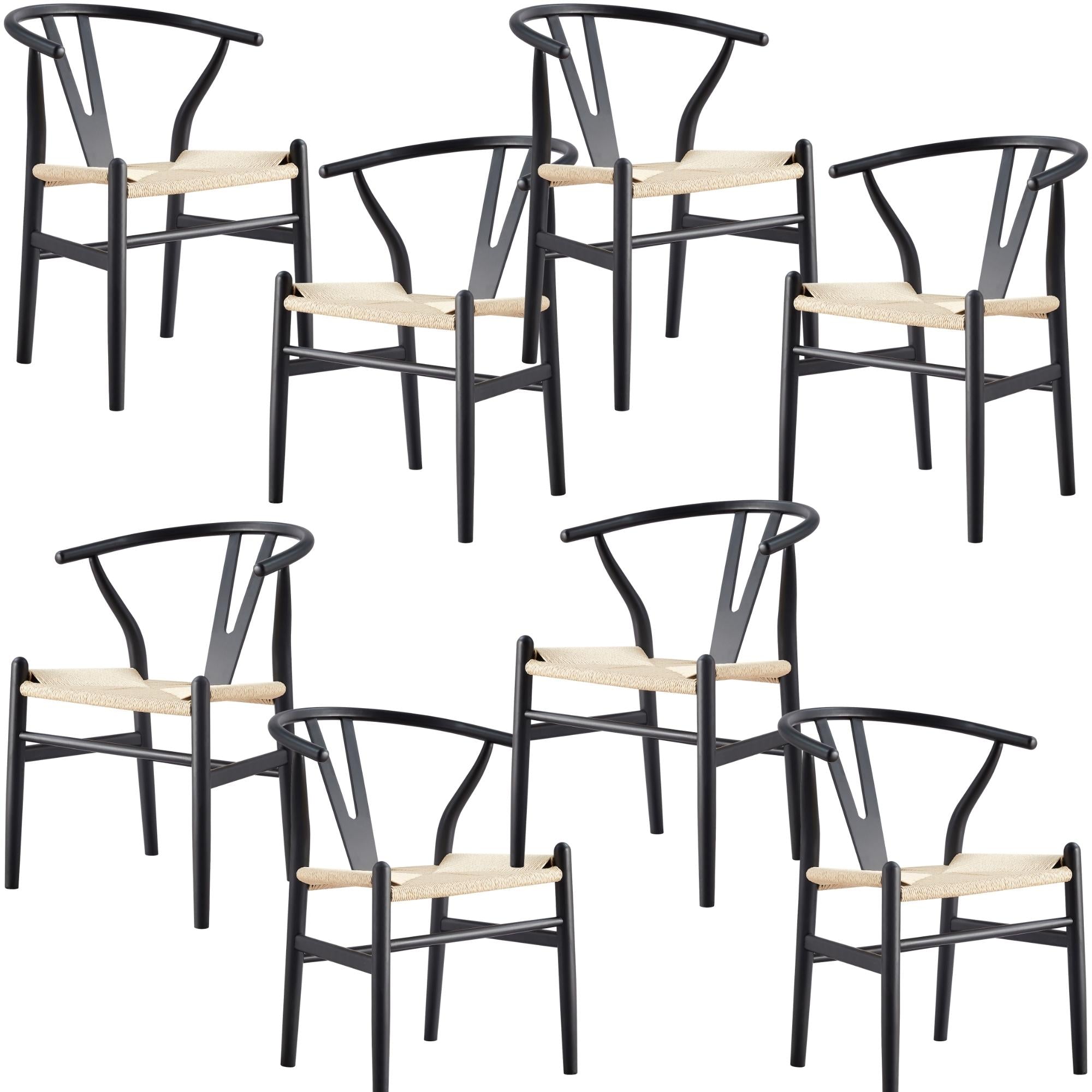 Anemone Set of 8 Wishbone Dining Chair Beech Timber Replica Hans Wenger - Black
