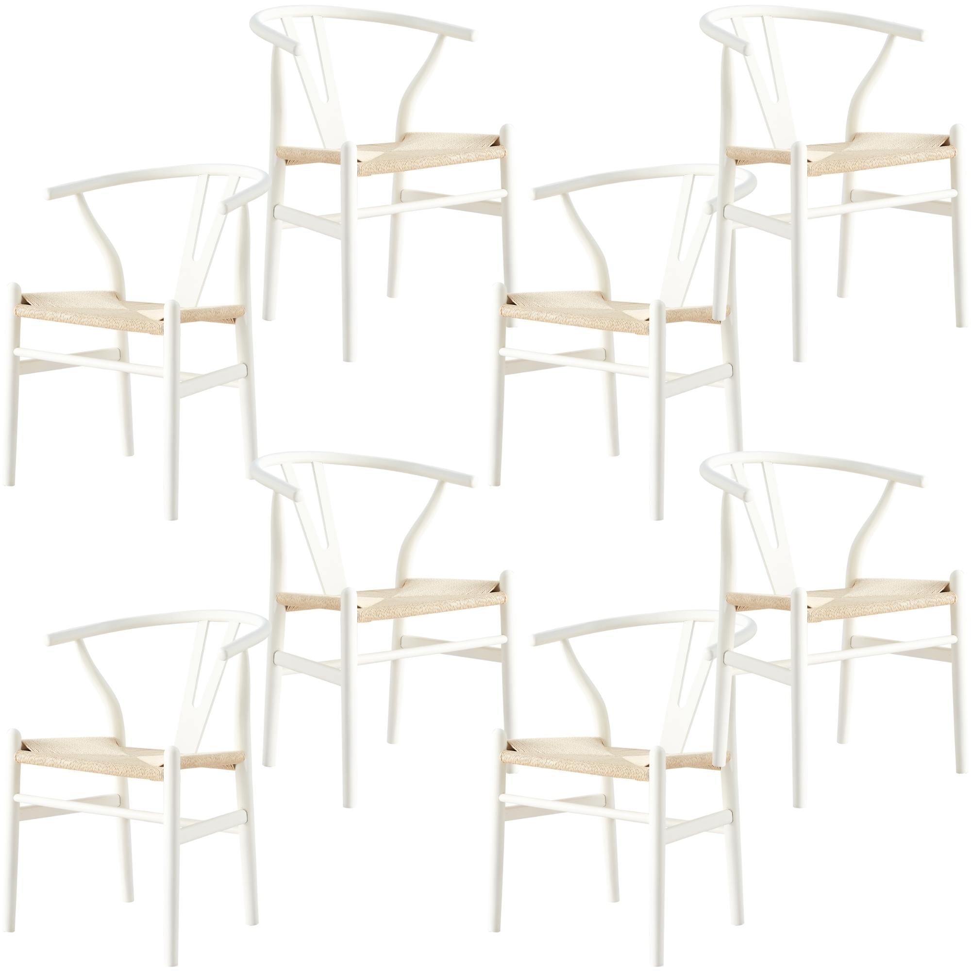 Anemone Set of 8 Wishbone Dining Chair Beech Timber Replica Hans Wenger - White