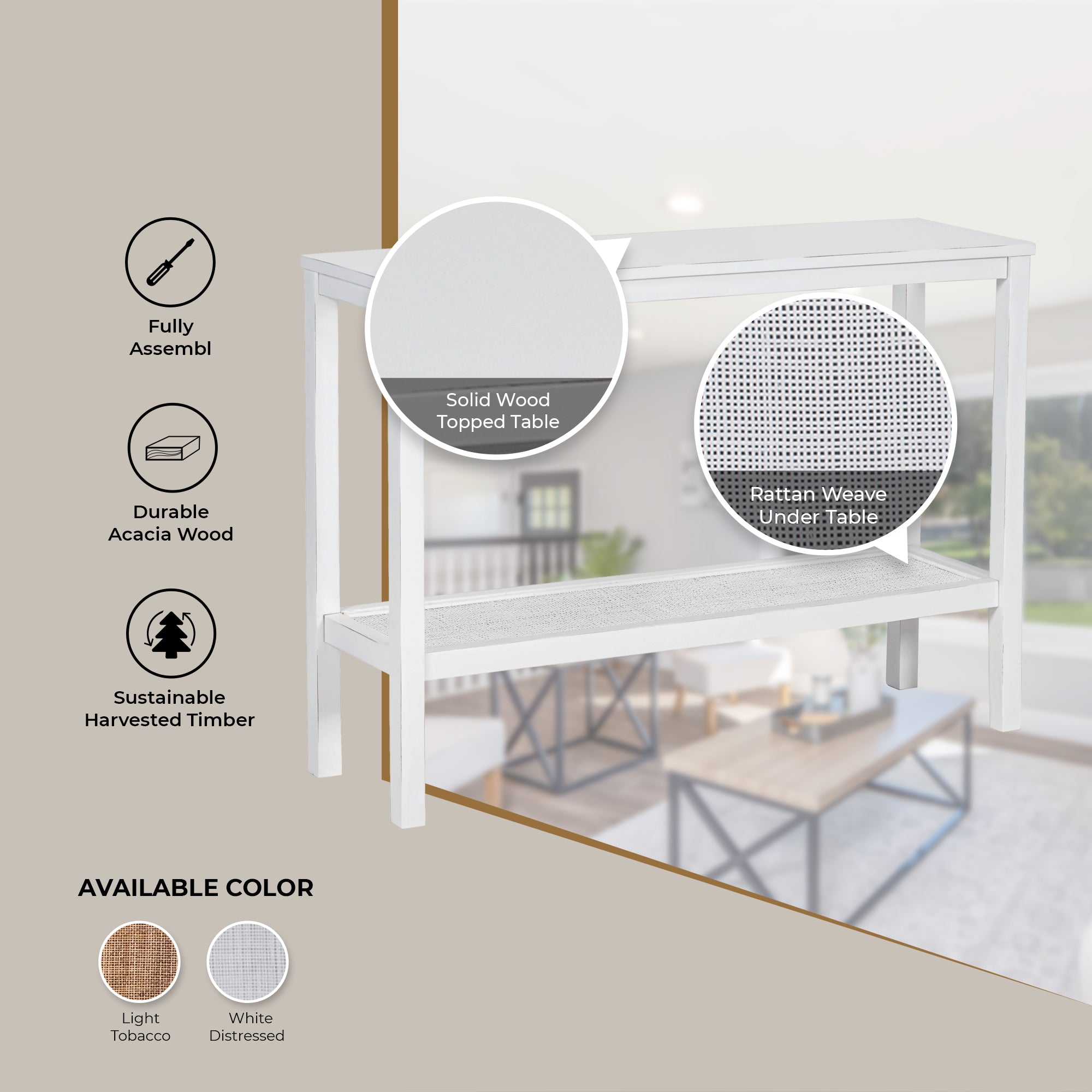 Jasmine Console Hallway Entry Table 110cm Mindi Timber Wood Rattan - White