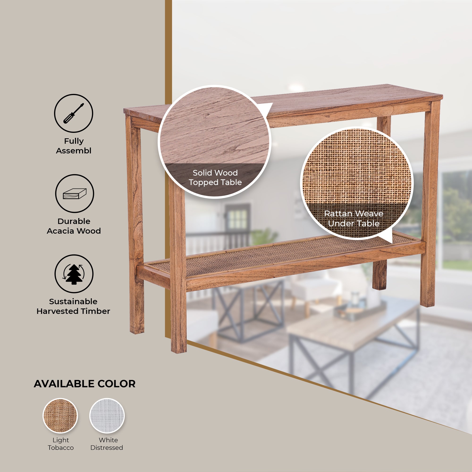 Jasmine Console Hallway Entry Table 110cm Mindi Timber Wood Rattan - Brown