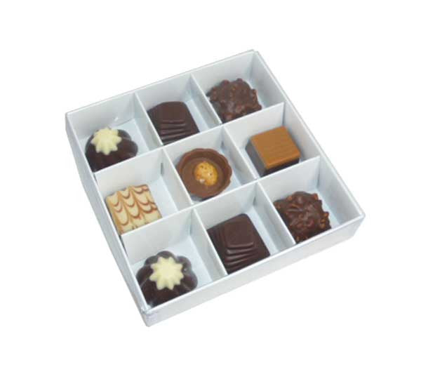 10 Pack of White Card Chocolate Sweet Soap Product Reatail Gift Box - 9 bay 4x4x3cm Compartments - Clear Slide On Lid - 12x12x3cm