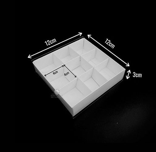 10 Pack of White Card Chocolate Sweet Soap Product Reatail Gift Box - 9 bay 4x4x3cm Compartments - Clear Slide On Lid - 12x12x3cm
