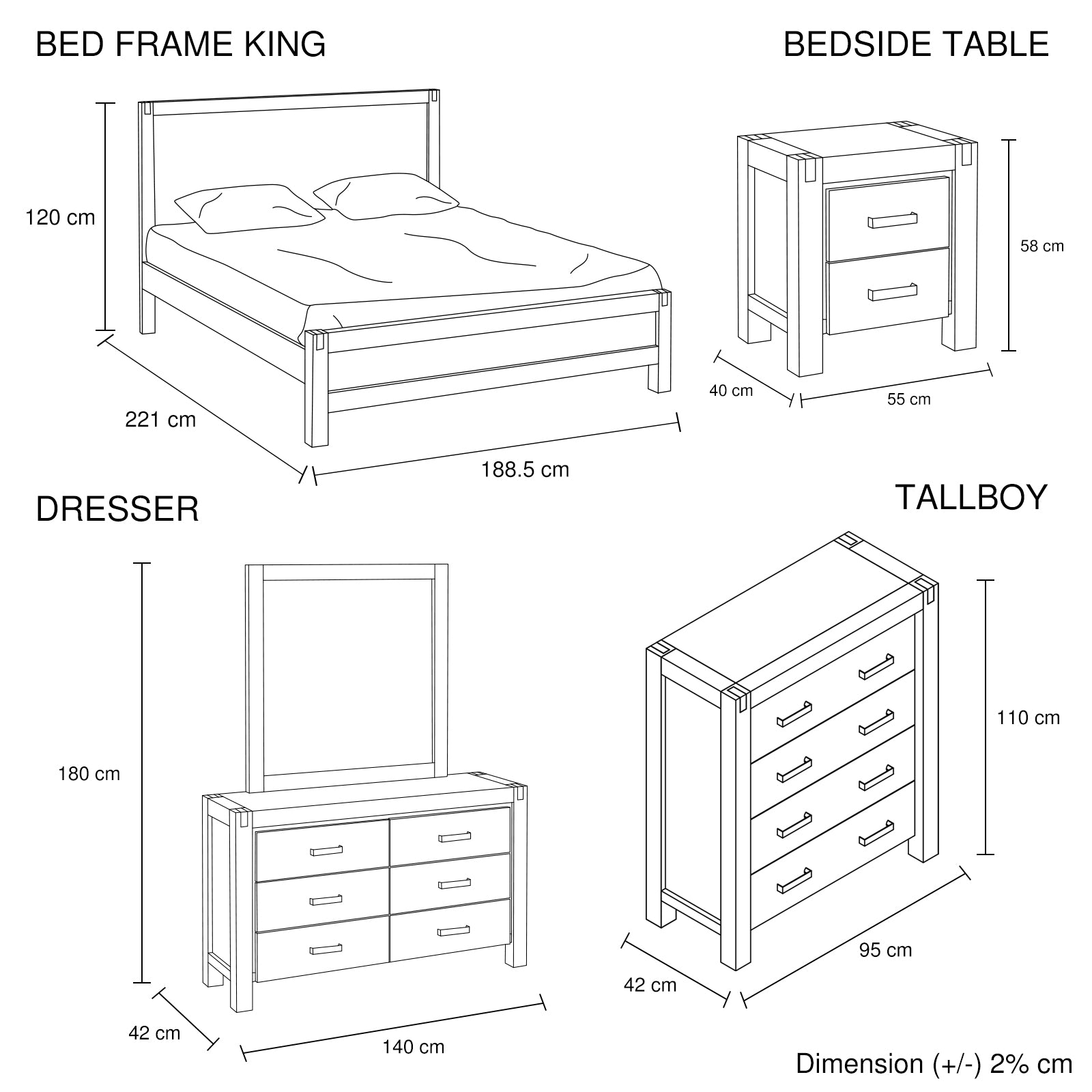 5 Pieces Bedroom Suite in Solid Wood Veneered Acacia Construction Timber Slat King Size Oak Colour Bed, Bedside Table , Tallboy & Dresser