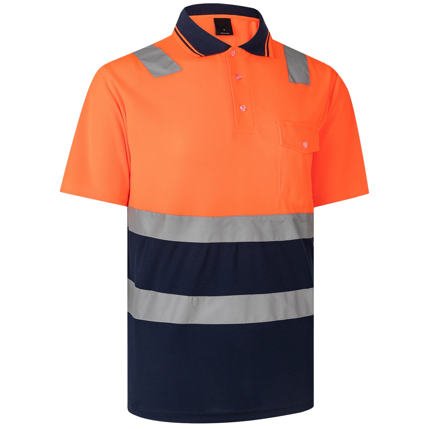 HI VIS Short Sleeve Workwear Shirt w Reflective Tape Cool Dry Safety Polo 2 Tone, Fluoro Orange / Navy, XS