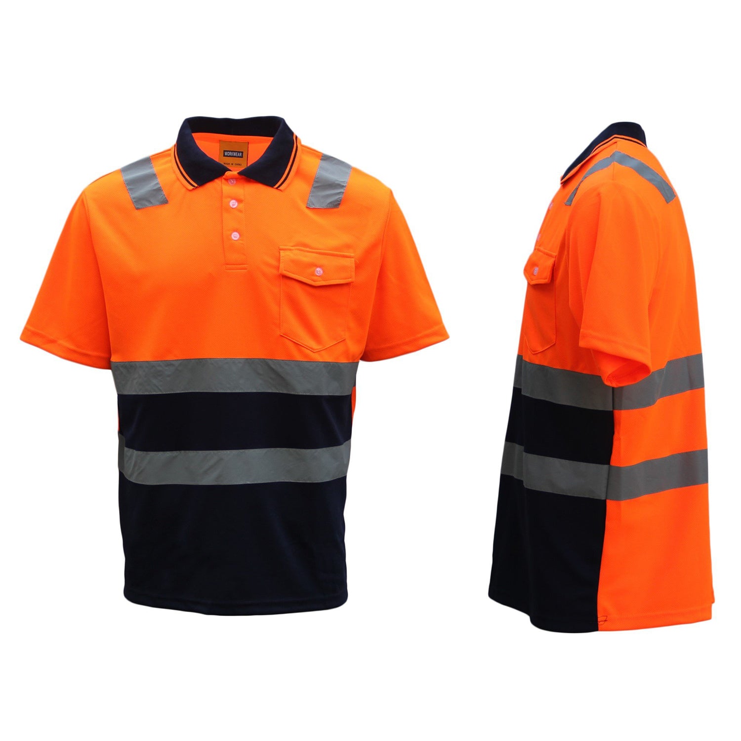 HI VIS Short Sleeve Workwear Shirt w Reflective Tape Cool Dry Safety Polo 2 Tone, Fluoro Orange / Navy, XS