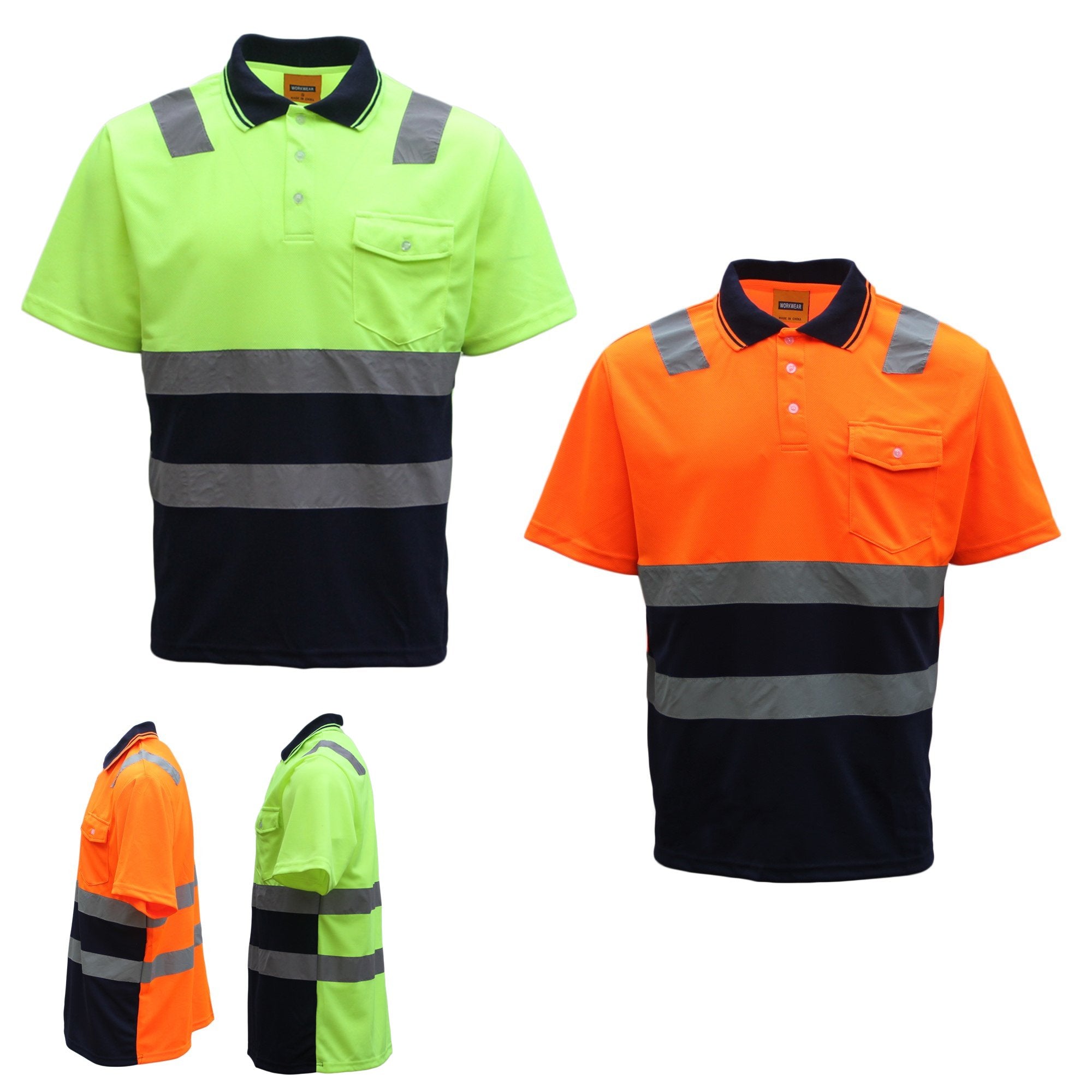 HI VIS Short Sleeve Workwear Shirt w Reflective Tape Cool Dry Safety Polo 2 Tone, Fluoro Yellow / Navy, XS