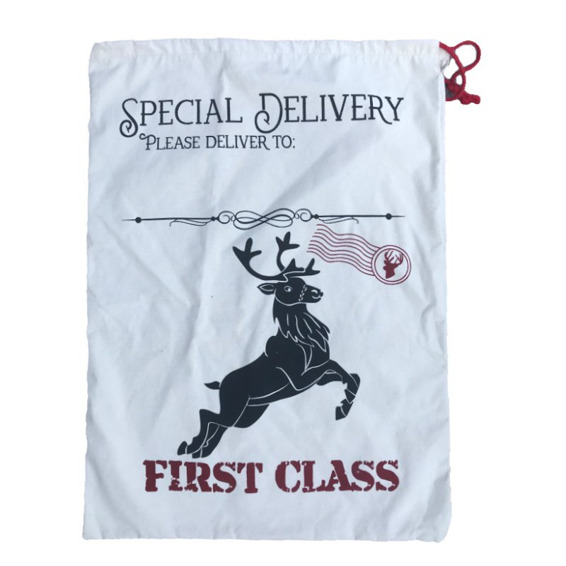 Large Christmas XMAS Hessian Santa Sack Stocking Bag Reindeer Children Gifts Bag, Cream - Reindeer First Class