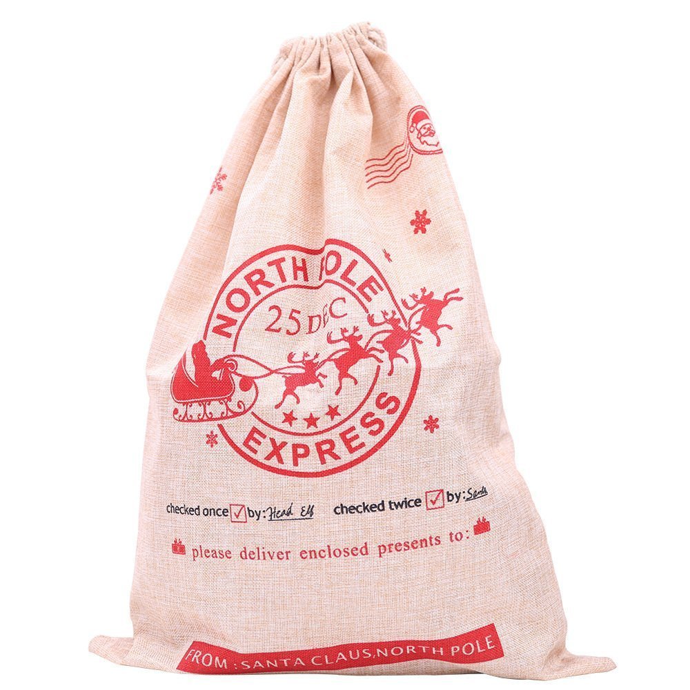 Large Christmas XMAS Hessian Santa Sack Stocking Bag Reindeer Children Gifts Bag, Hessian - North Pole Express