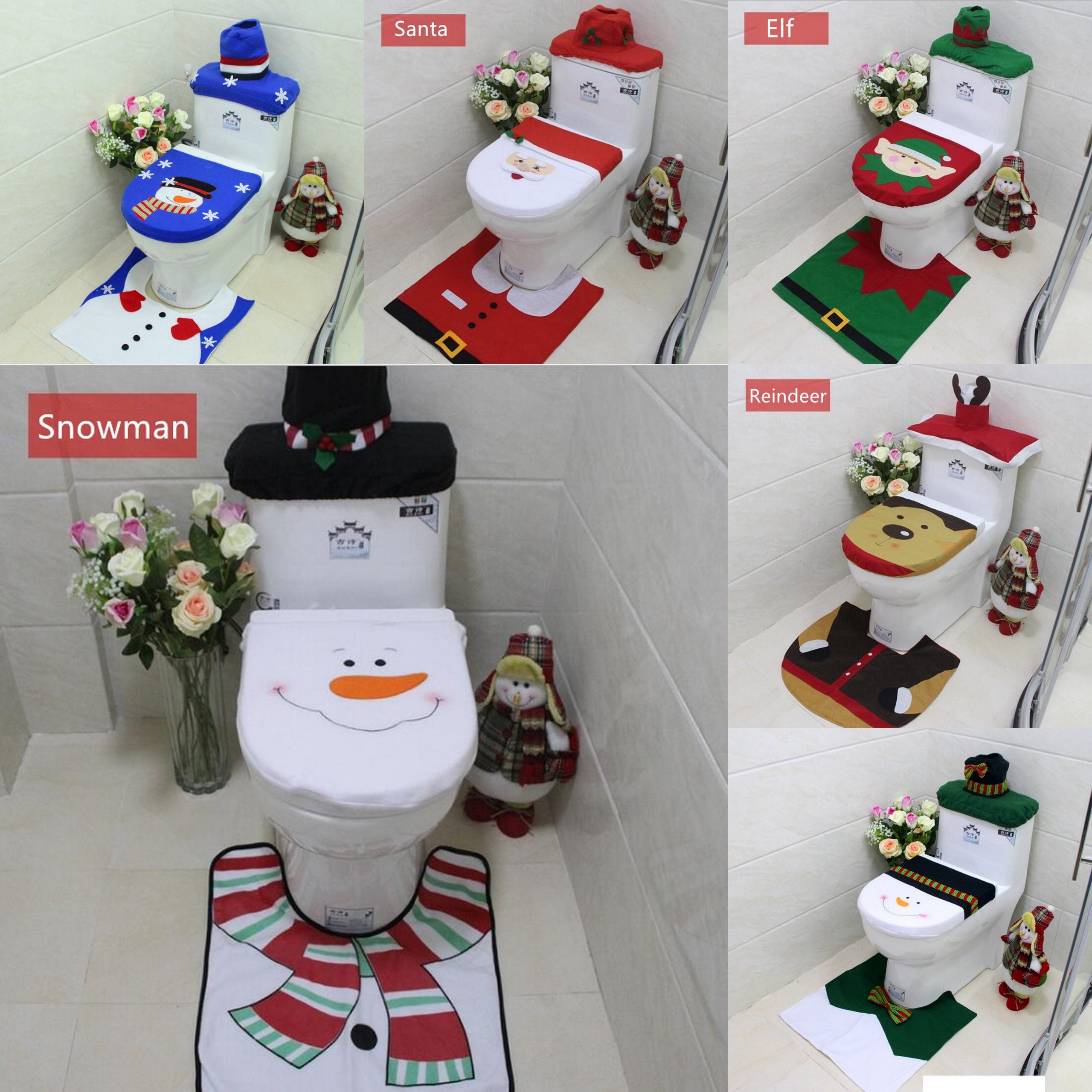 4pcs Christmas Toilet Seat Cover Rug Bathroom Set Santa Snowman Xmas Home Décor, Santa B (Set of 3)