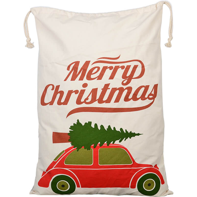 Large Christmas XMAS Hessian Santa Sack Stocking Bag Reindeer Children Gifts Bag, Cream - Christmas Tree On Car