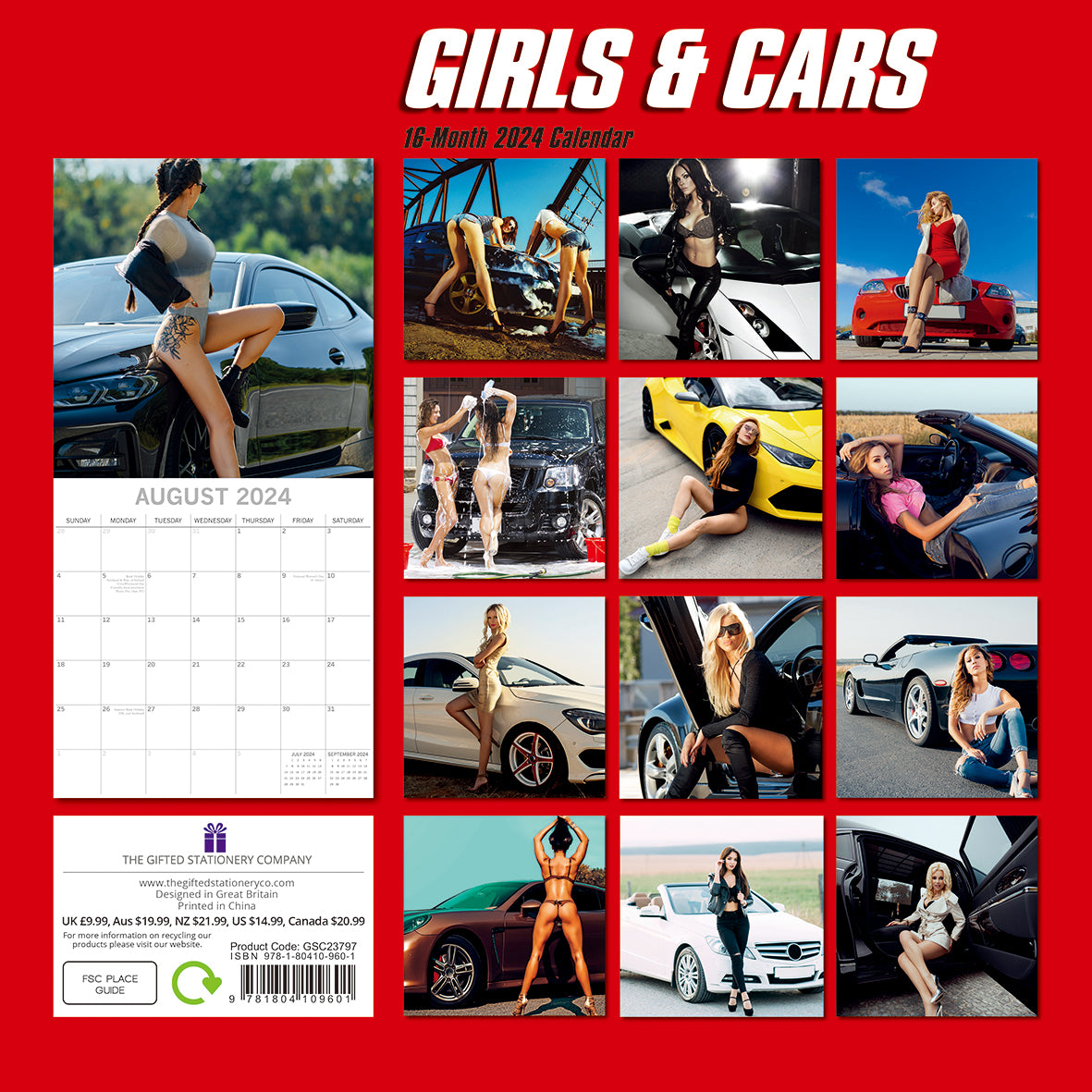 Girls & Cars 2024 Square Wall Calendar 16 Months Planner Christmas New Year Gift