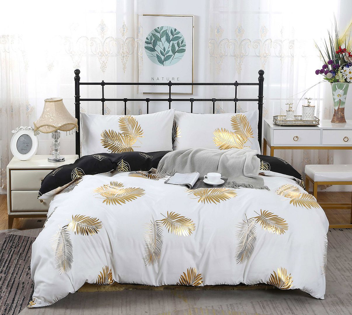 Reversible Design Super King Size Black Gold Duvet Quilt Cover Set