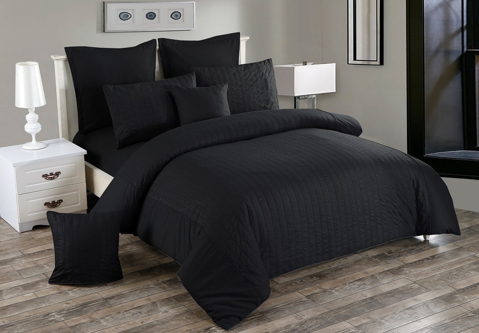 Seersucker Double Size Black Duvet Quilt Cover Set
