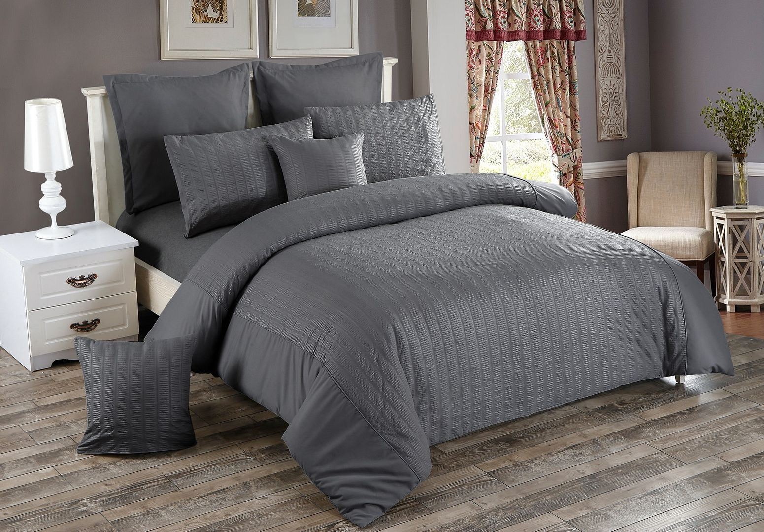 Seersucker Super King Size Charcoal Duvet Quilt Cover Set