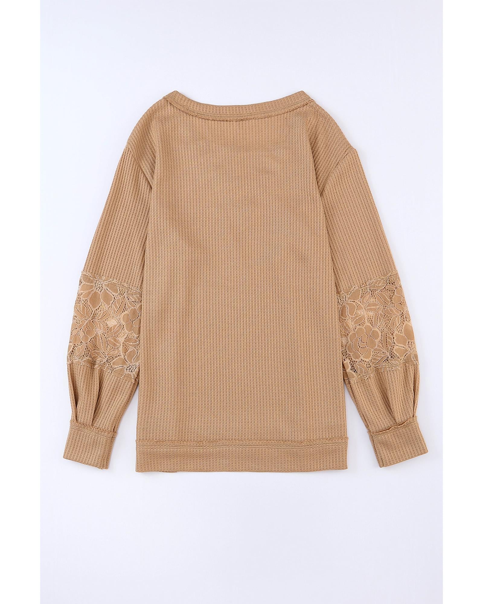 Azura Exchange Lace Waffle Patchwork Strappy V Neck Long Sleeve Top - L