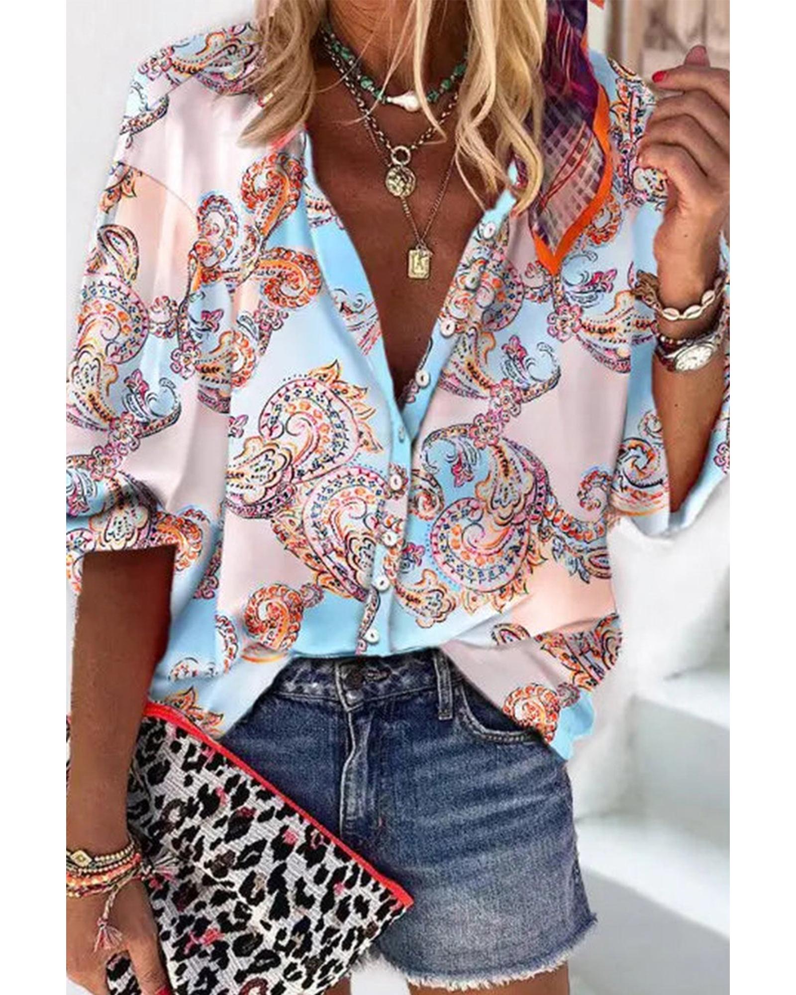 Azura Exchange Paisley Print Lantern Sleeve Button-Down Shirt - M