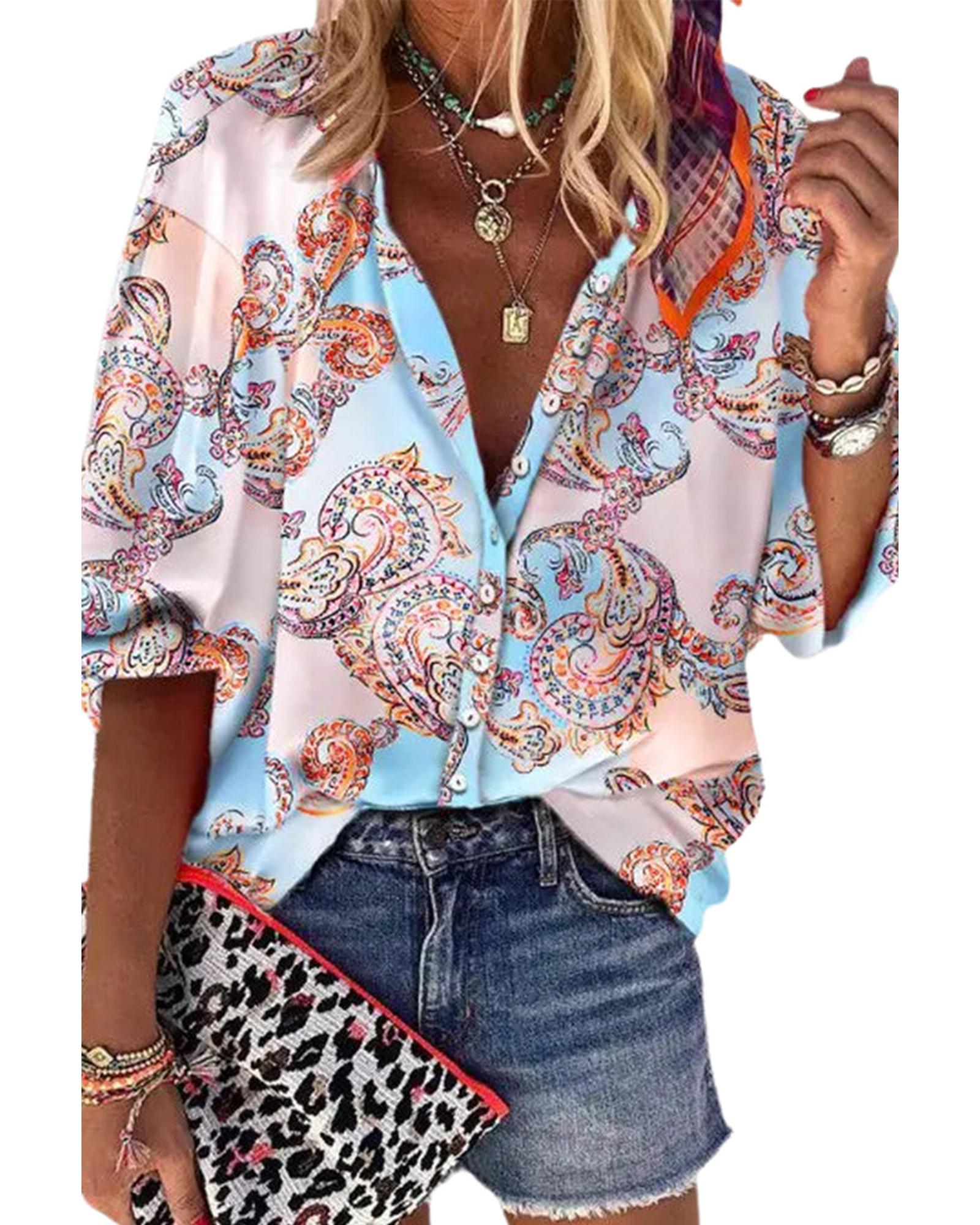 Azura Exchange Paisley Print Lantern Sleeve Button-Down Shirt - M