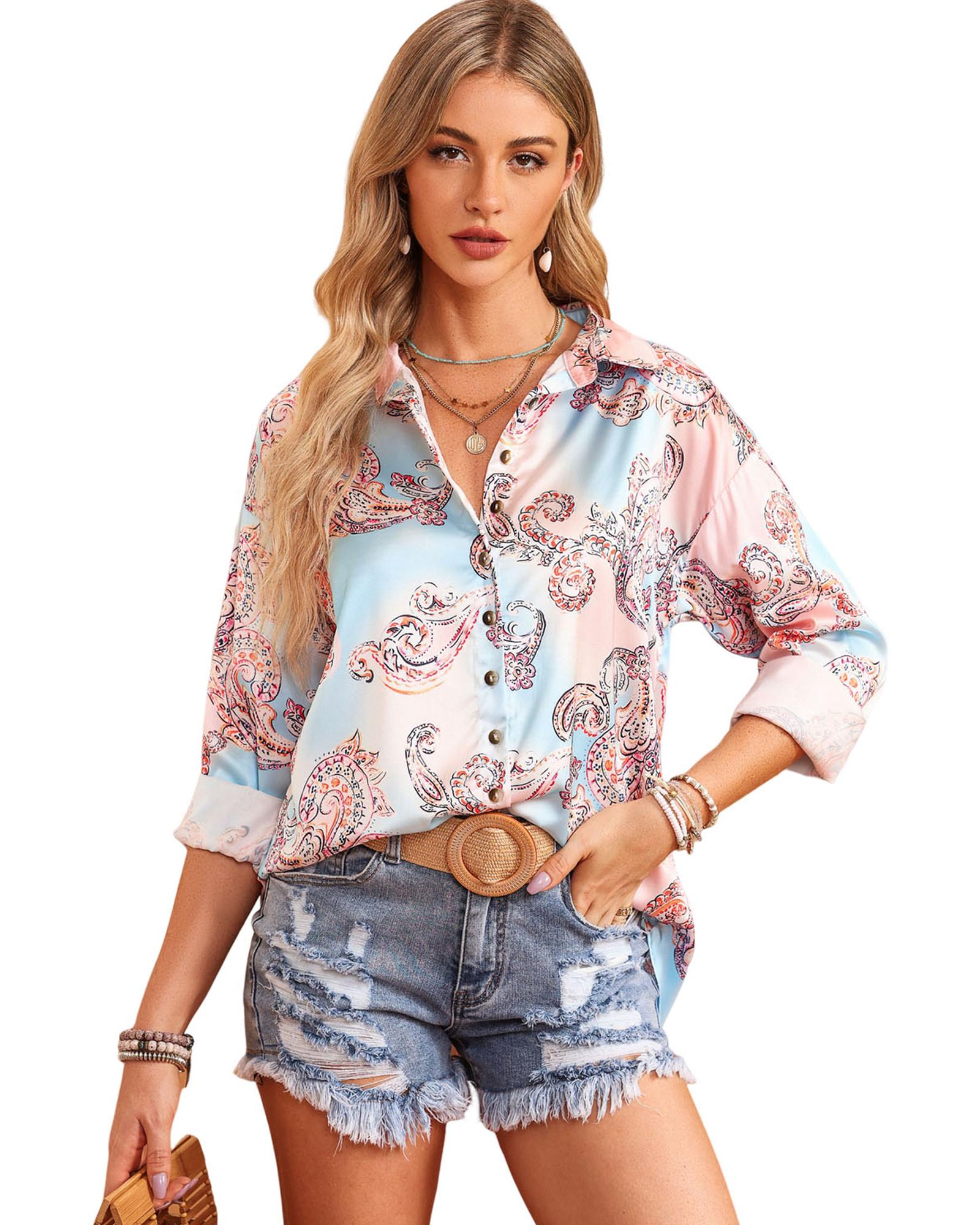 Azura Exchange Paisley Print Lantern Sleeve Button-Down Shirt - M