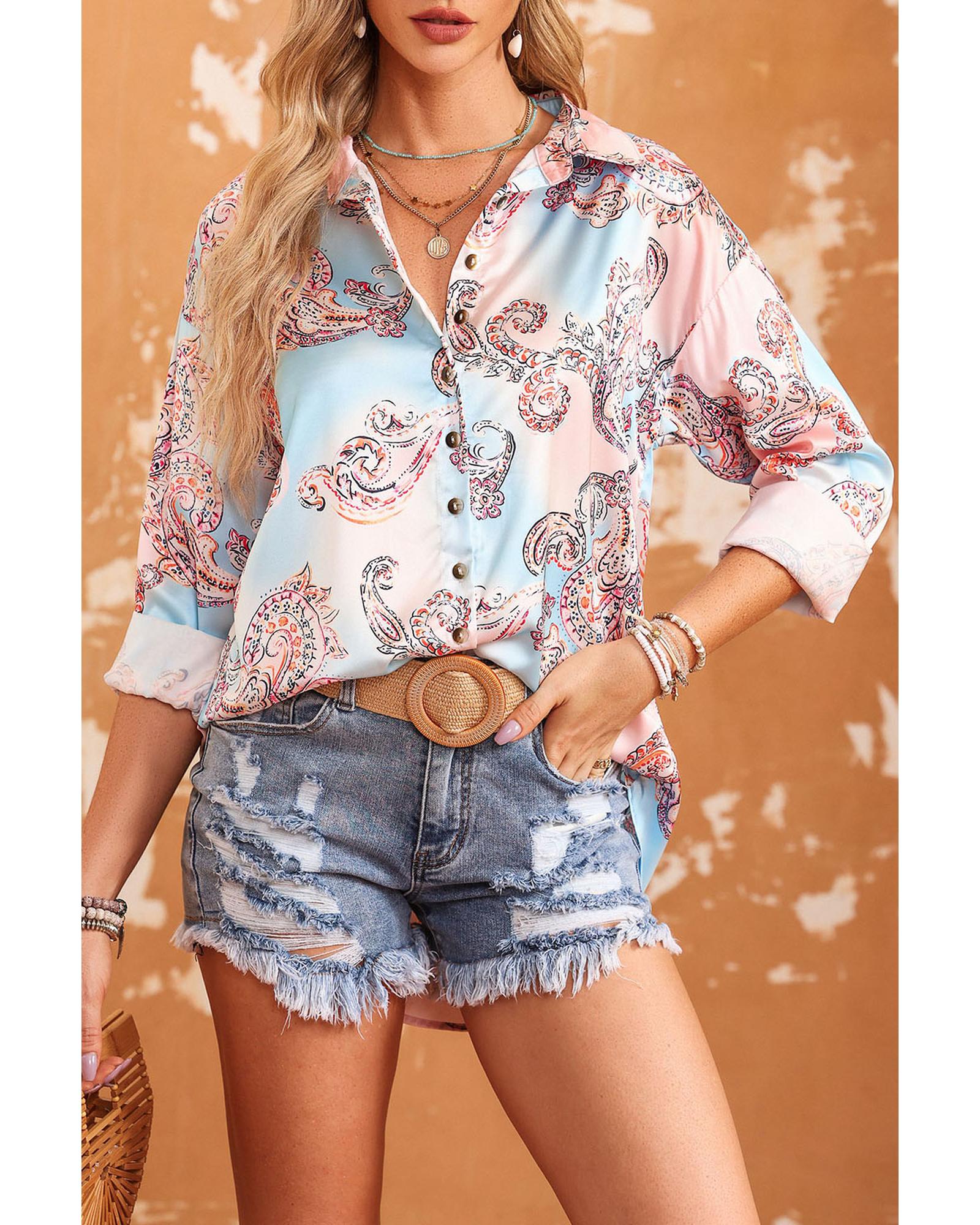 Azura Exchange Paisley Print Lantern Sleeve Button-Down Shirt - M