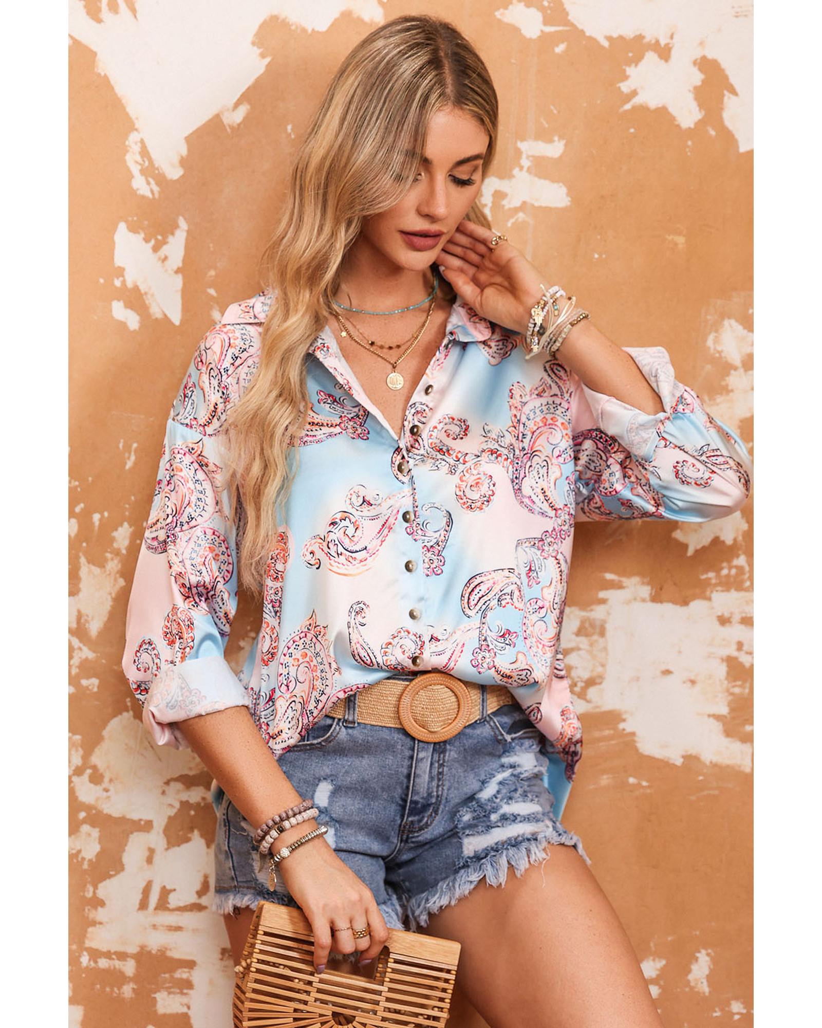 Azura Exchange Paisley Print Lantern Sleeve Button-Down Shirt - M