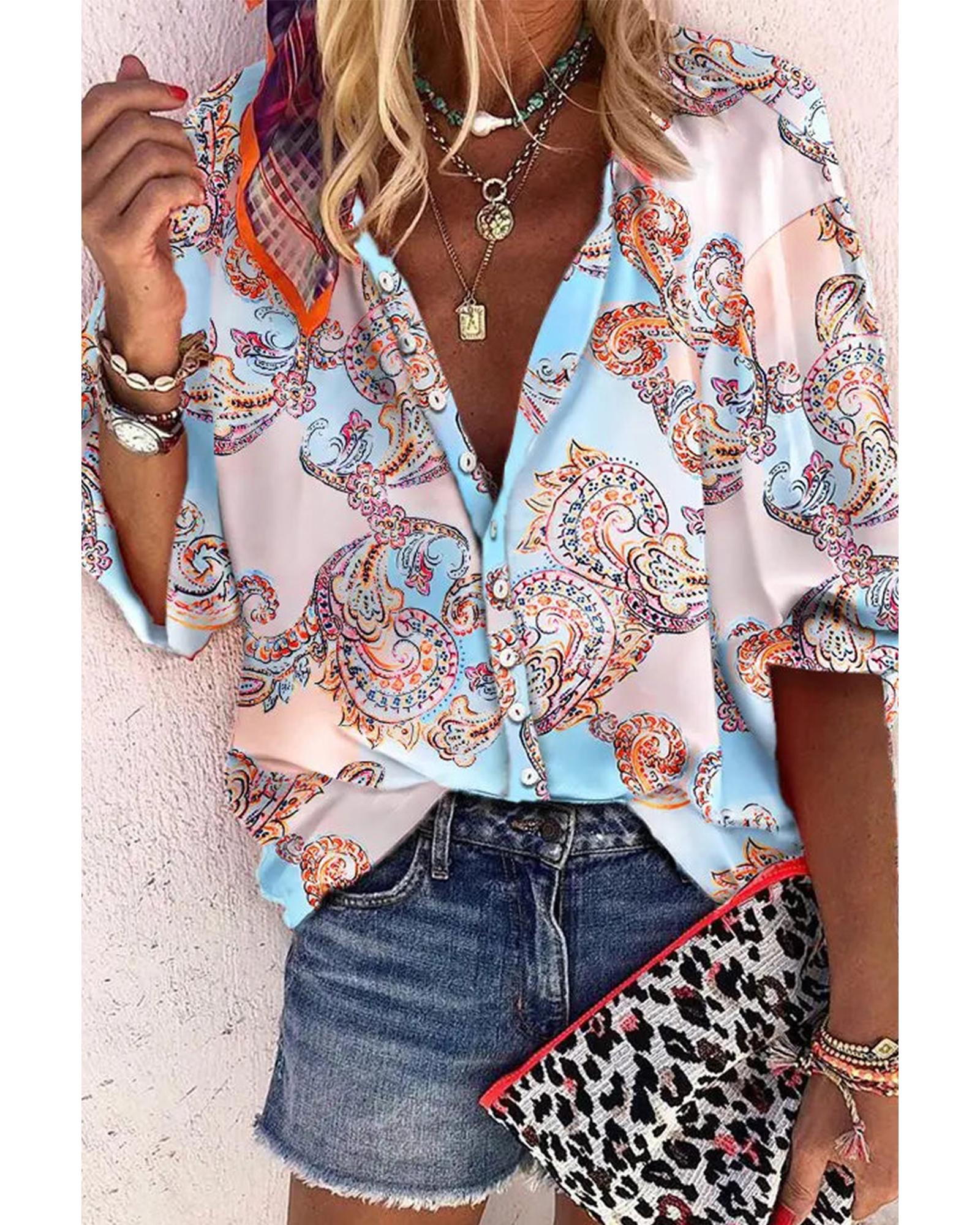 Azura Exchange Paisley Print Lantern Sleeve Button-Down Shirt - M