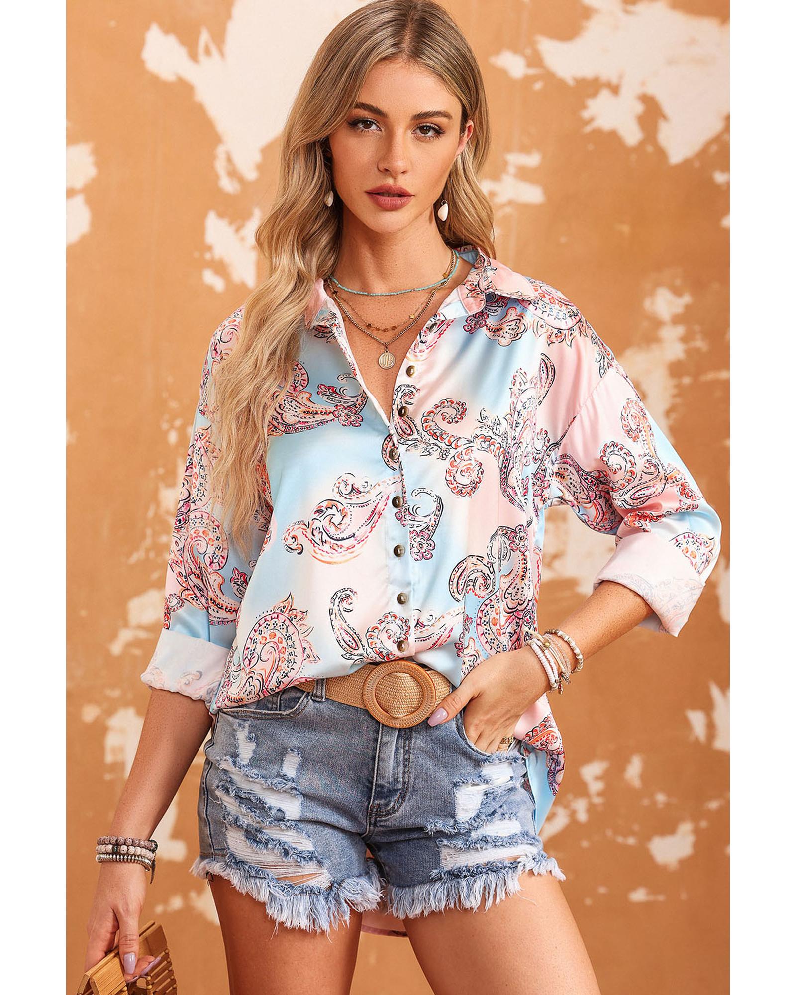 Azura Exchange Paisley Print Lantern Sleeve Button-Down Shirt - M
