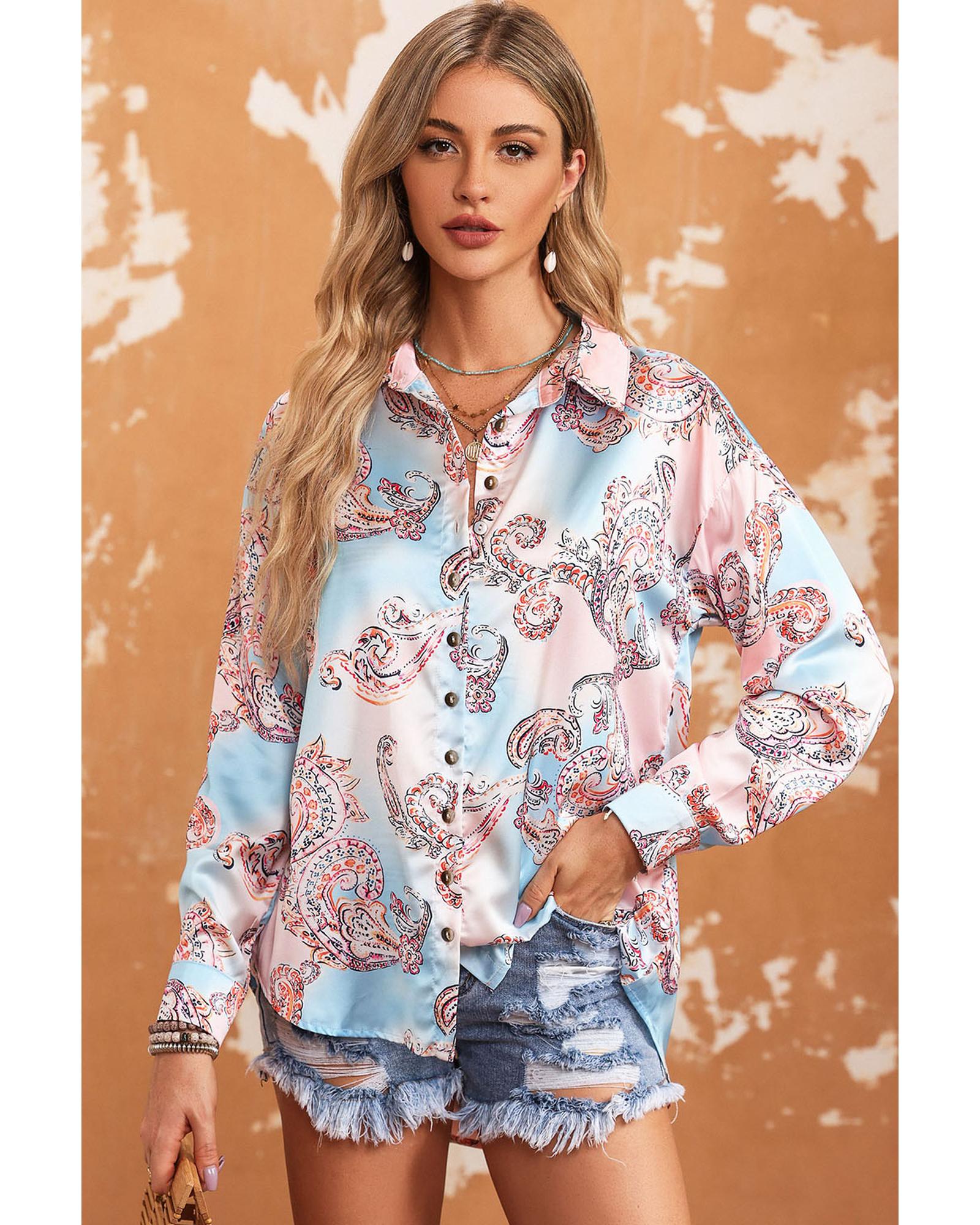 Azura Exchange Paisley Print Lantern Sleeve Button-Down Shirt - M