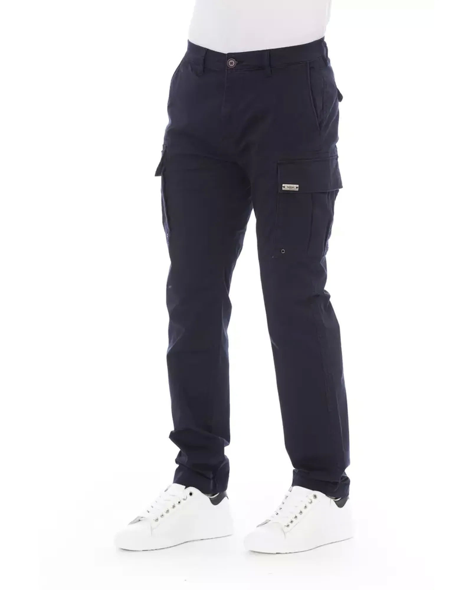 Solid Color Cargo Trousers with Front Zipper and Multiple Pockets W32 US Men