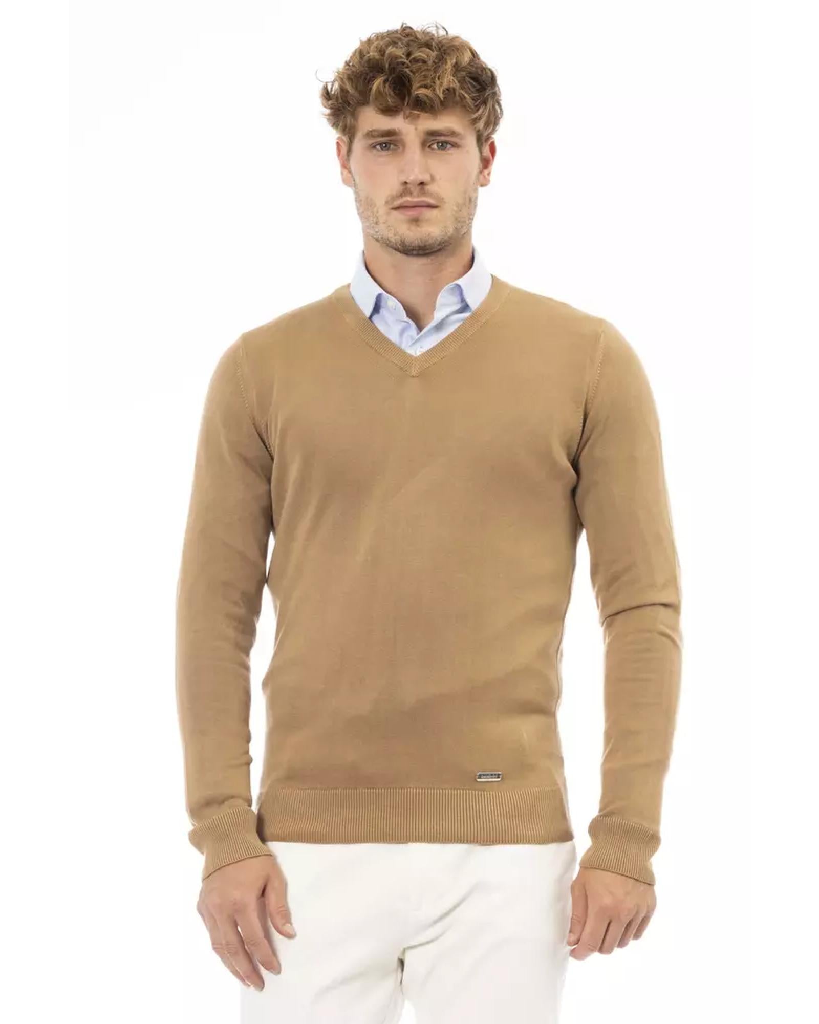 Fine Ribbed Knit V-neck Sweater with Long Sleeves 56 IT Men