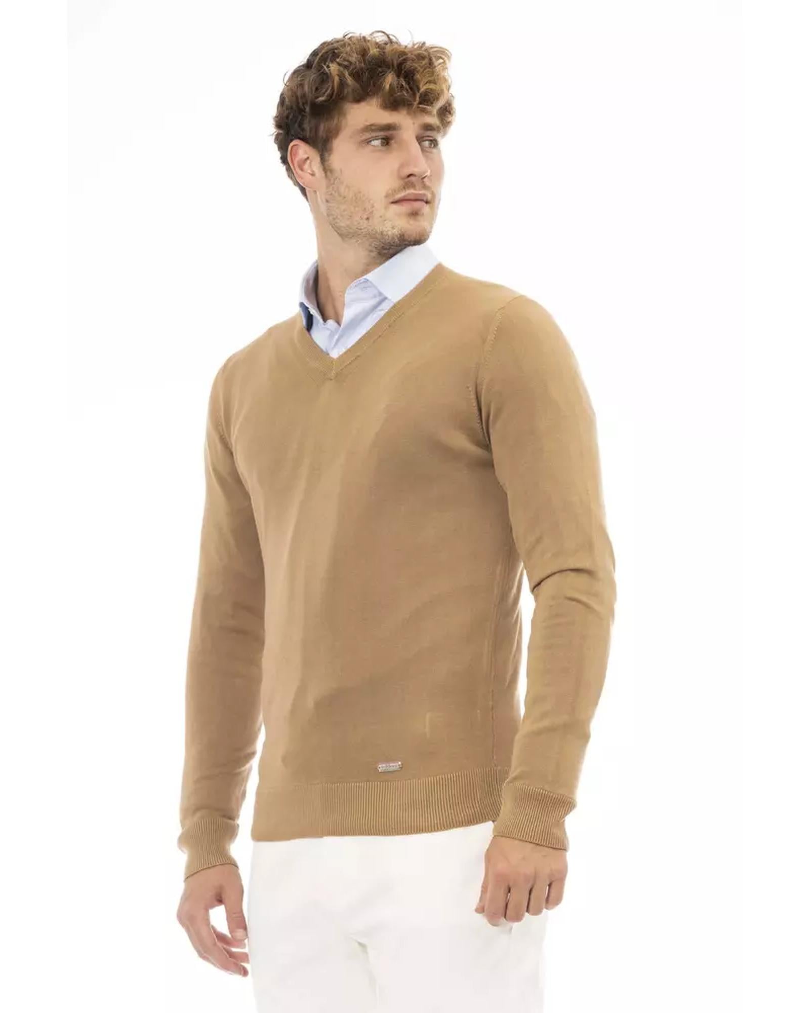 Fine Ribbed Knit V-neck Sweater with Long Sleeves 56 IT Men