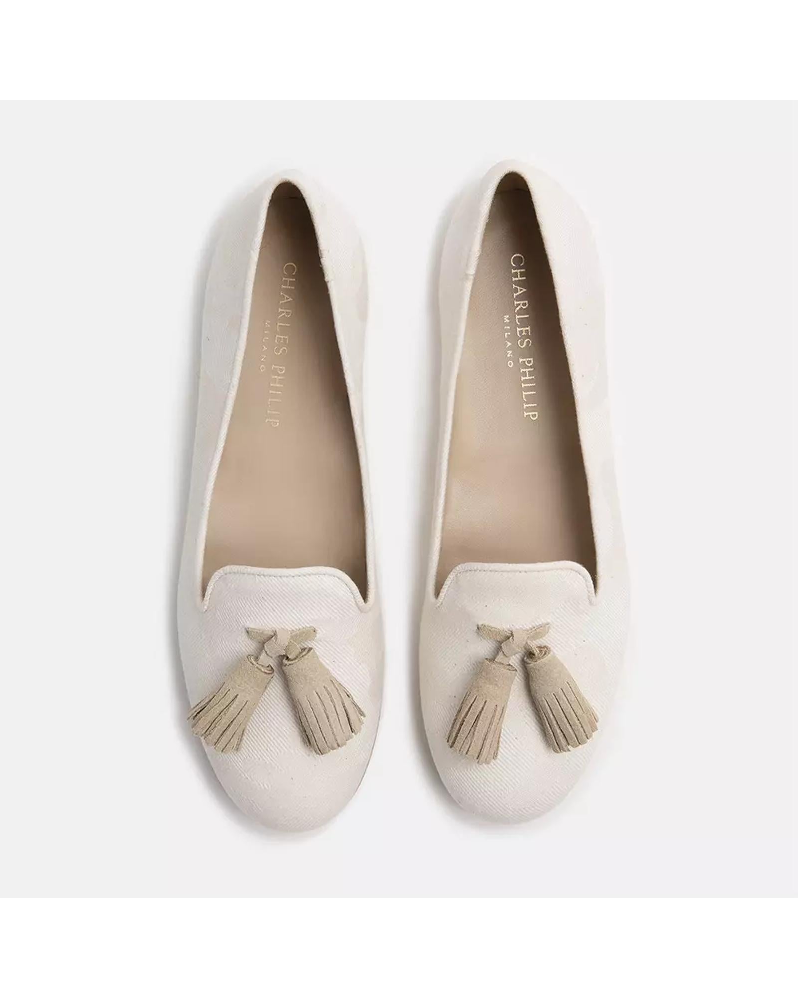 Tassel Beige Silk Loafers 40 EU Women