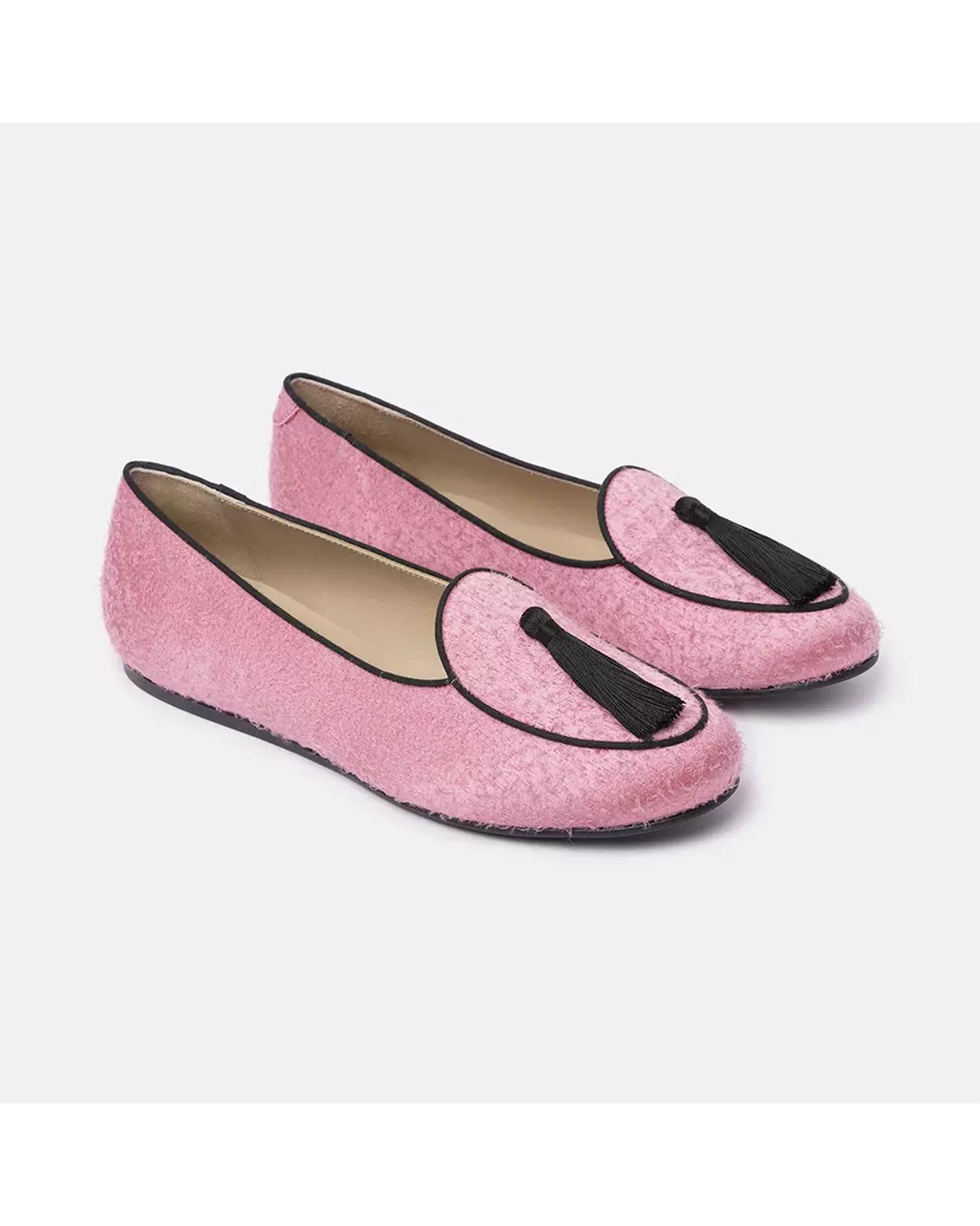 Pink Velvet Moccassins with Cotton Tassel and Rubber Sole 37 EU Women