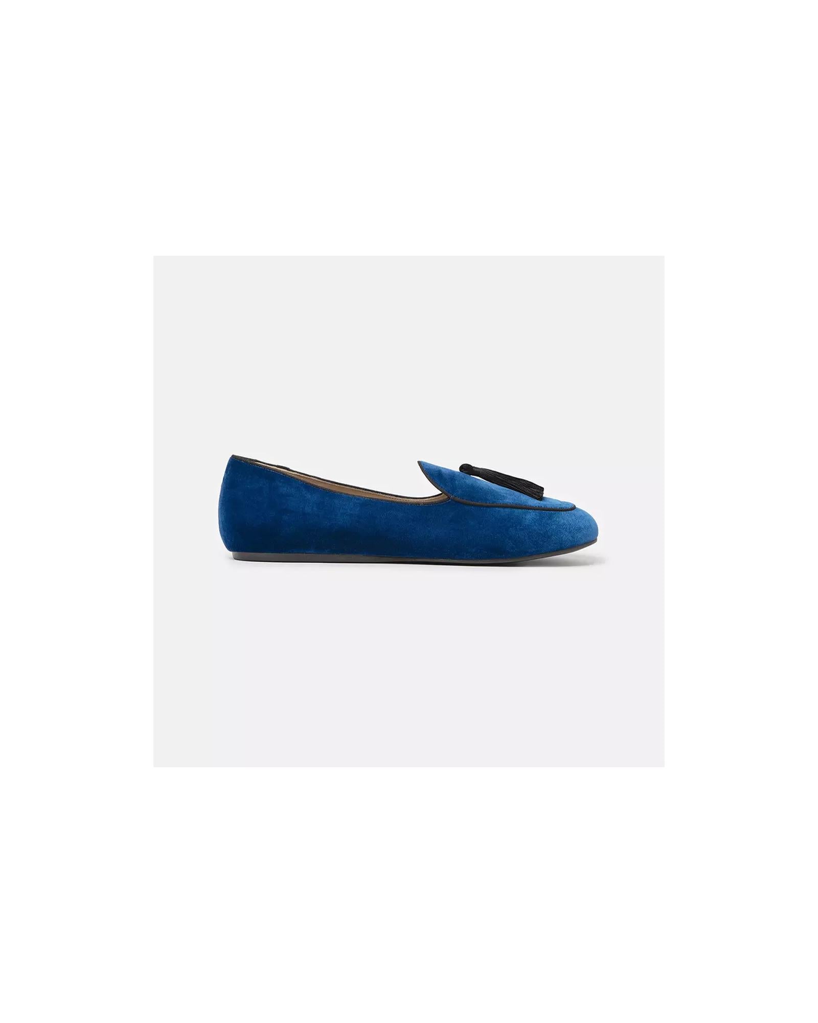 Handmade Unisex Charles Philip Loafers with Dark Blue Silk Fabric and Tassel 42.5 EU Men