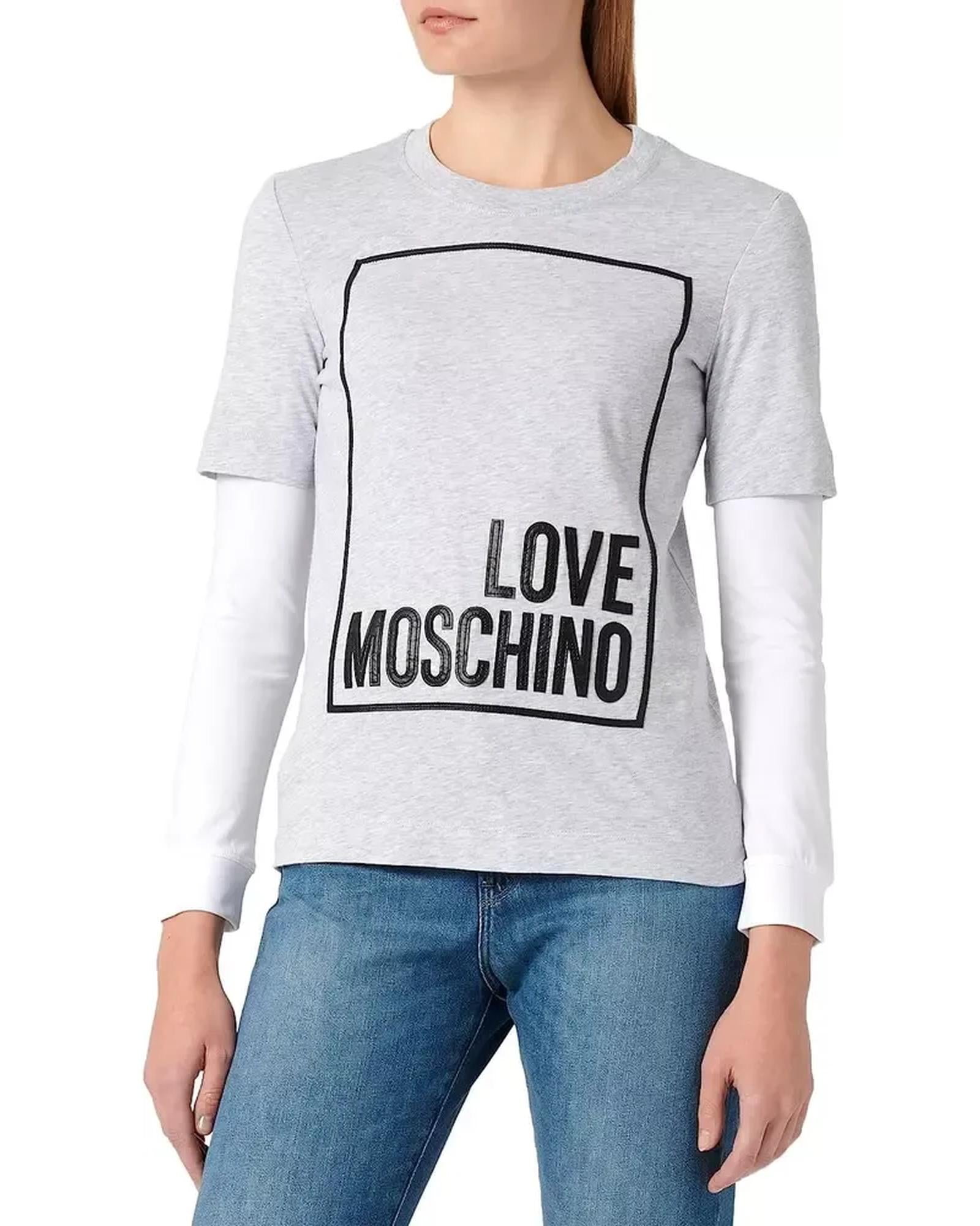 Grey Melange Long-Sleeved Cotton T-Shirt with Eco-Leather Logo M Women