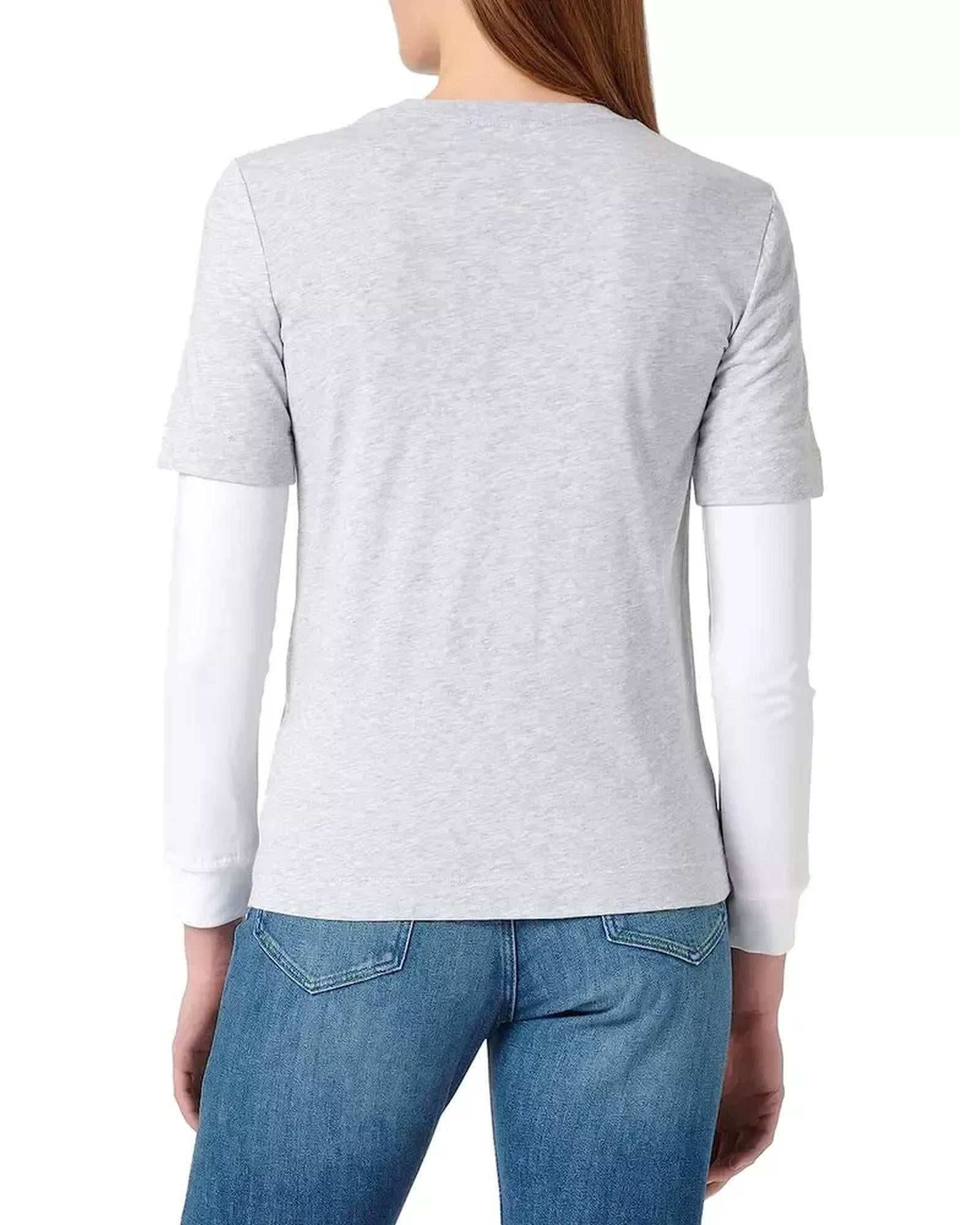 Grey Melange Long-Sleeved Cotton T-Shirt with Eco-Leather Logo M Women