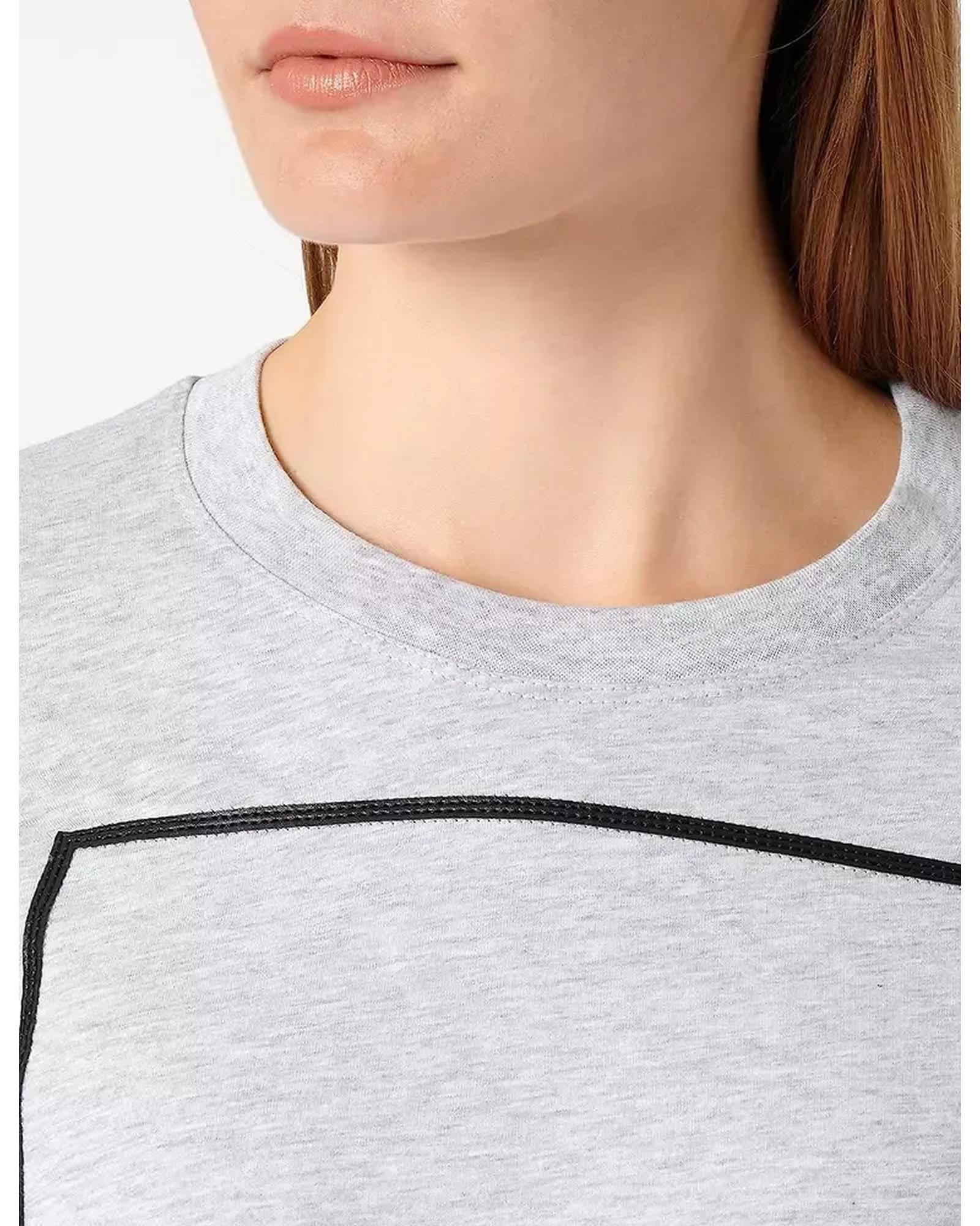 Grey Melange Long-Sleeved Cotton T-Shirt with Eco-Leather Logo M Women