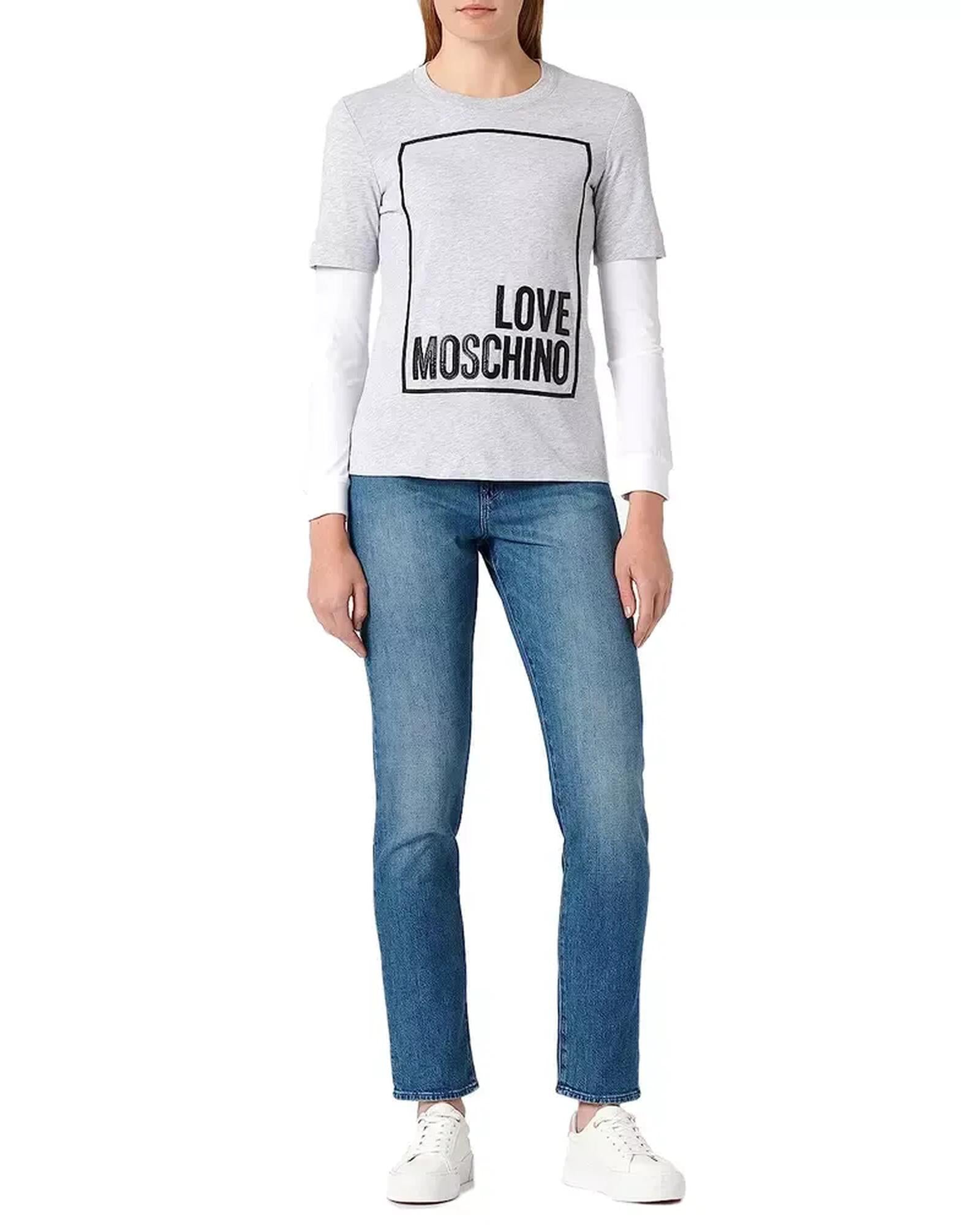 Grey Melange Long-Sleeved Cotton T-Shirt with Eco-Leather Logo M Women
