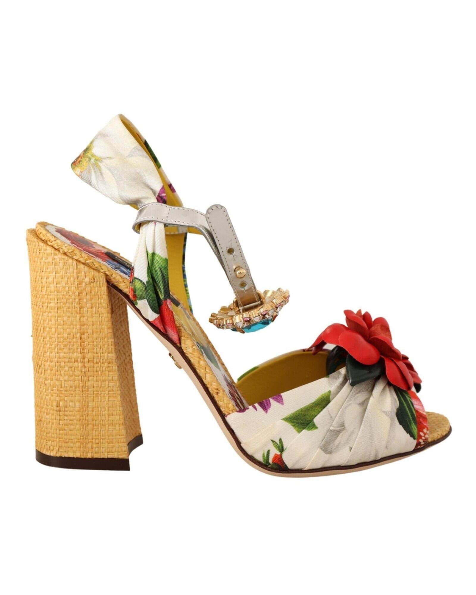 Dolce & Gabbana Block High Heel Sandals with Crystal Embellishments and Floral Appliques 38 EU Women