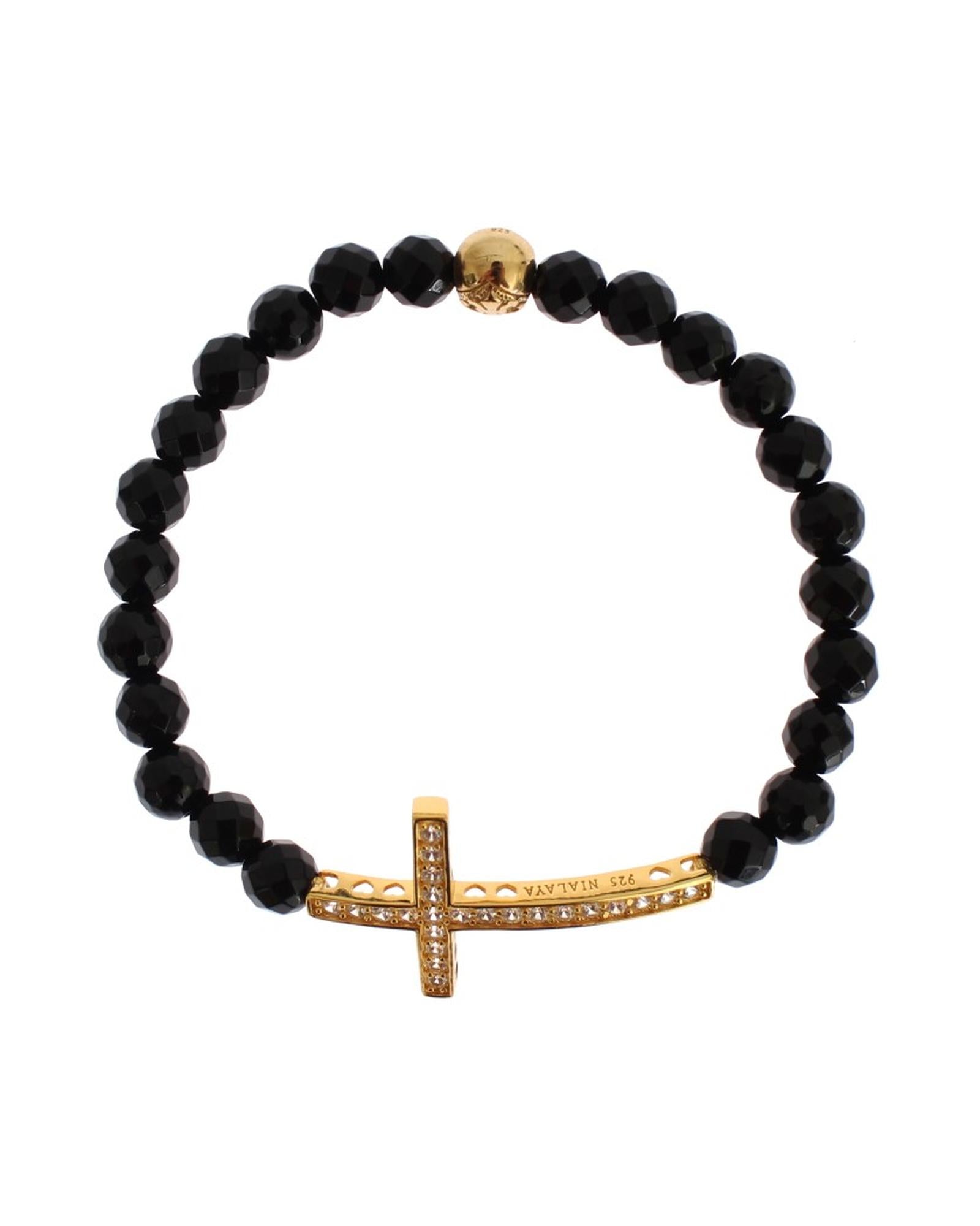 NIALAYA Gold Plated Sterling Silver Bracelet with Agate Stone and CZ Diamond Cross M Women