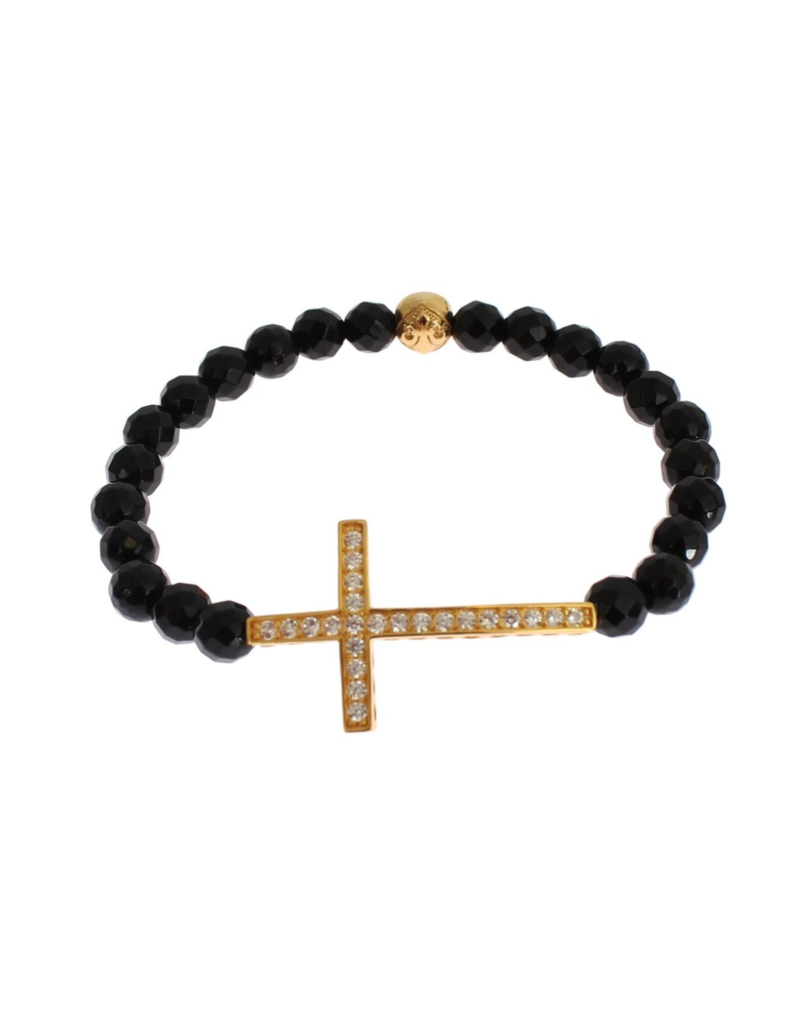 NIALAYA Gold Plated Sterling Silver Bracelet with Agate Stone and CZ Diamond Cross M Women