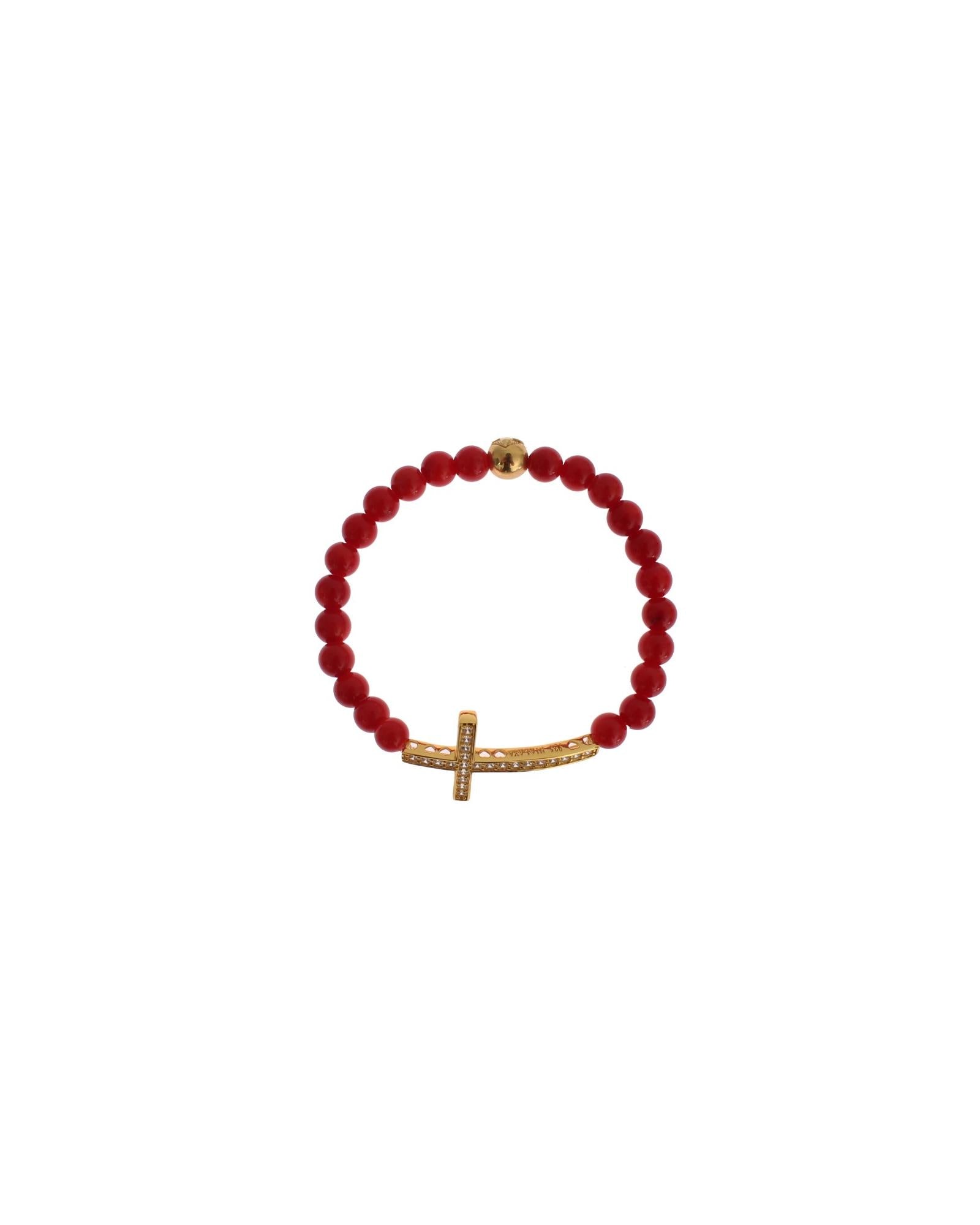 Authentic NIALAYA Gold Plated Silver Bracelet with Red Coral Beads and CZ Diamond Cross S Women