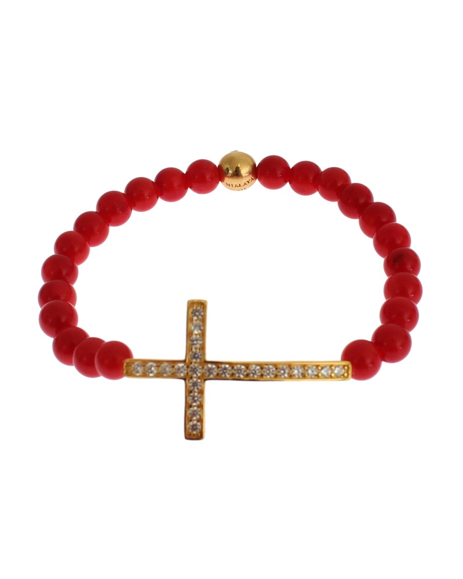 Authentic NIALAYA Gold Plated Silver Bracelet with Red Coral Beads and CZ Diamond Cross S Women