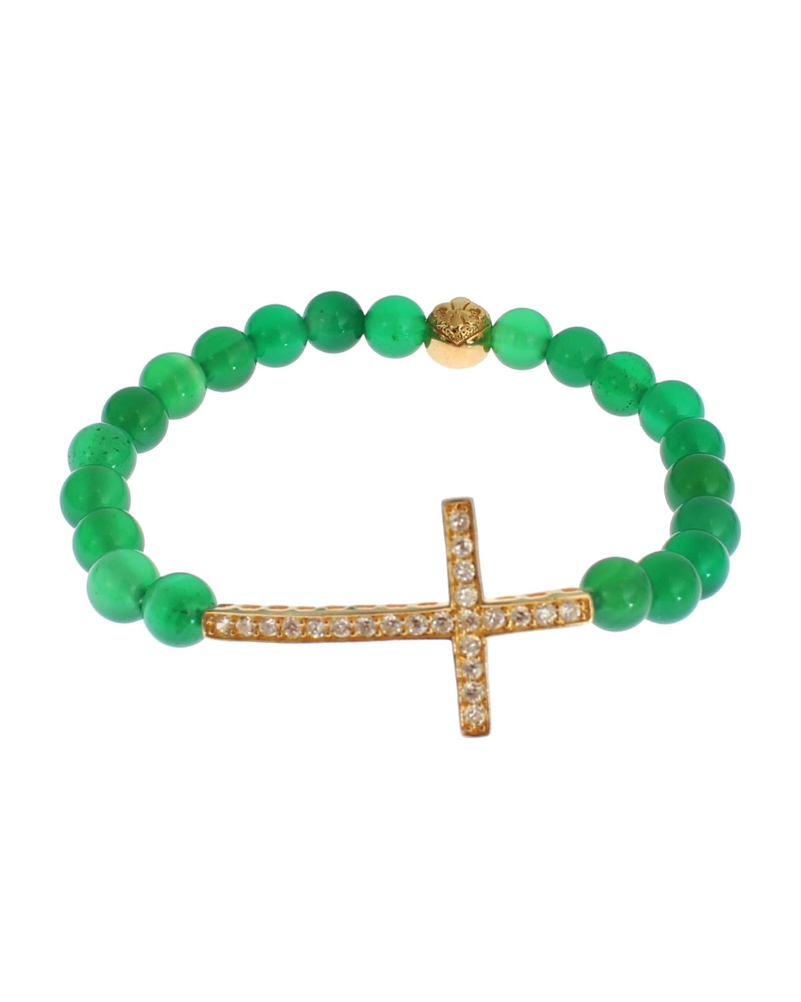 NIALAYA Green Jade Bead Bracelet with CZ Diamond Cross S Women