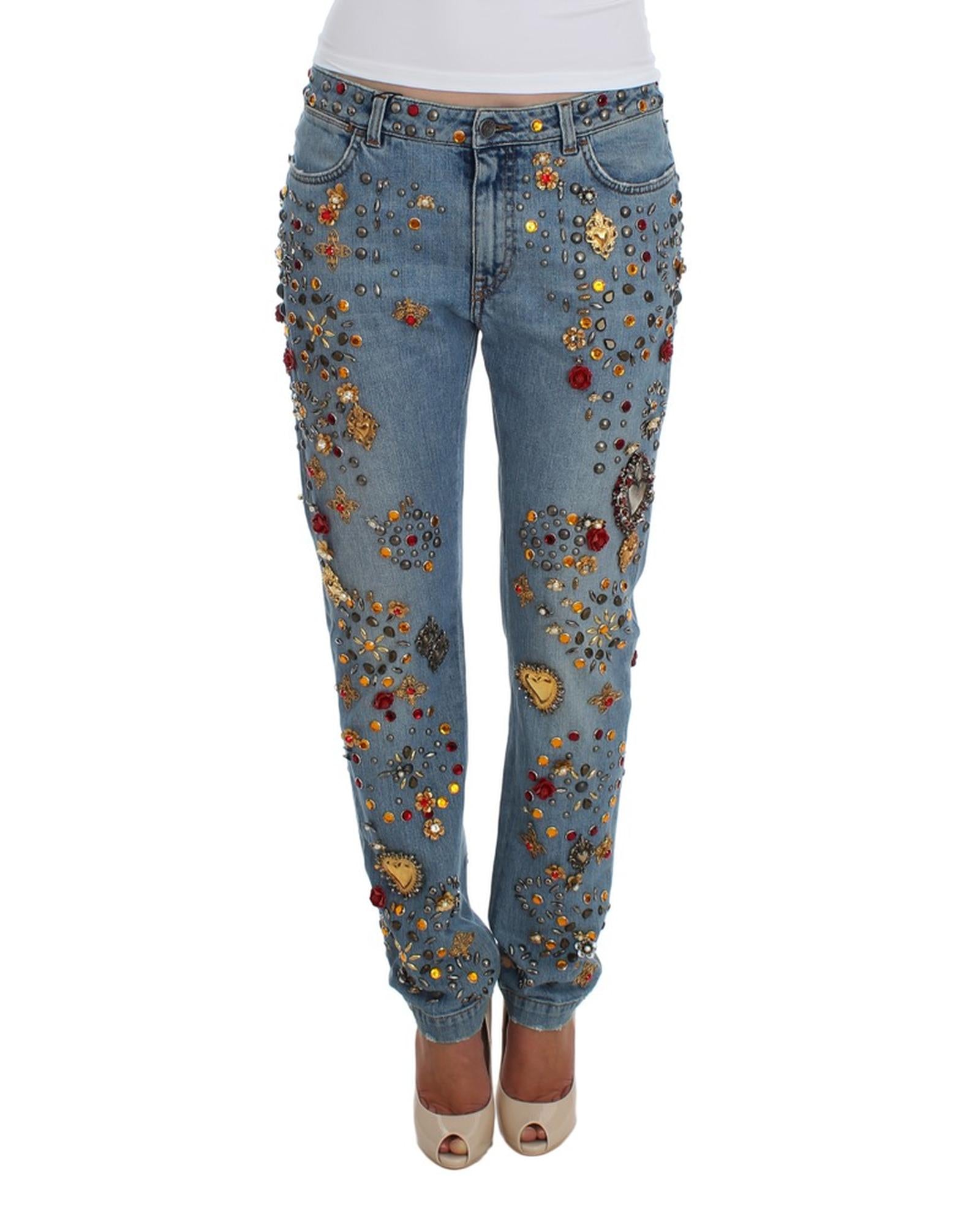 Blue Wash Crystal Heart Roses Embellished Enchanted Sicily Boyfriend Fit Jeans 36 IT Women